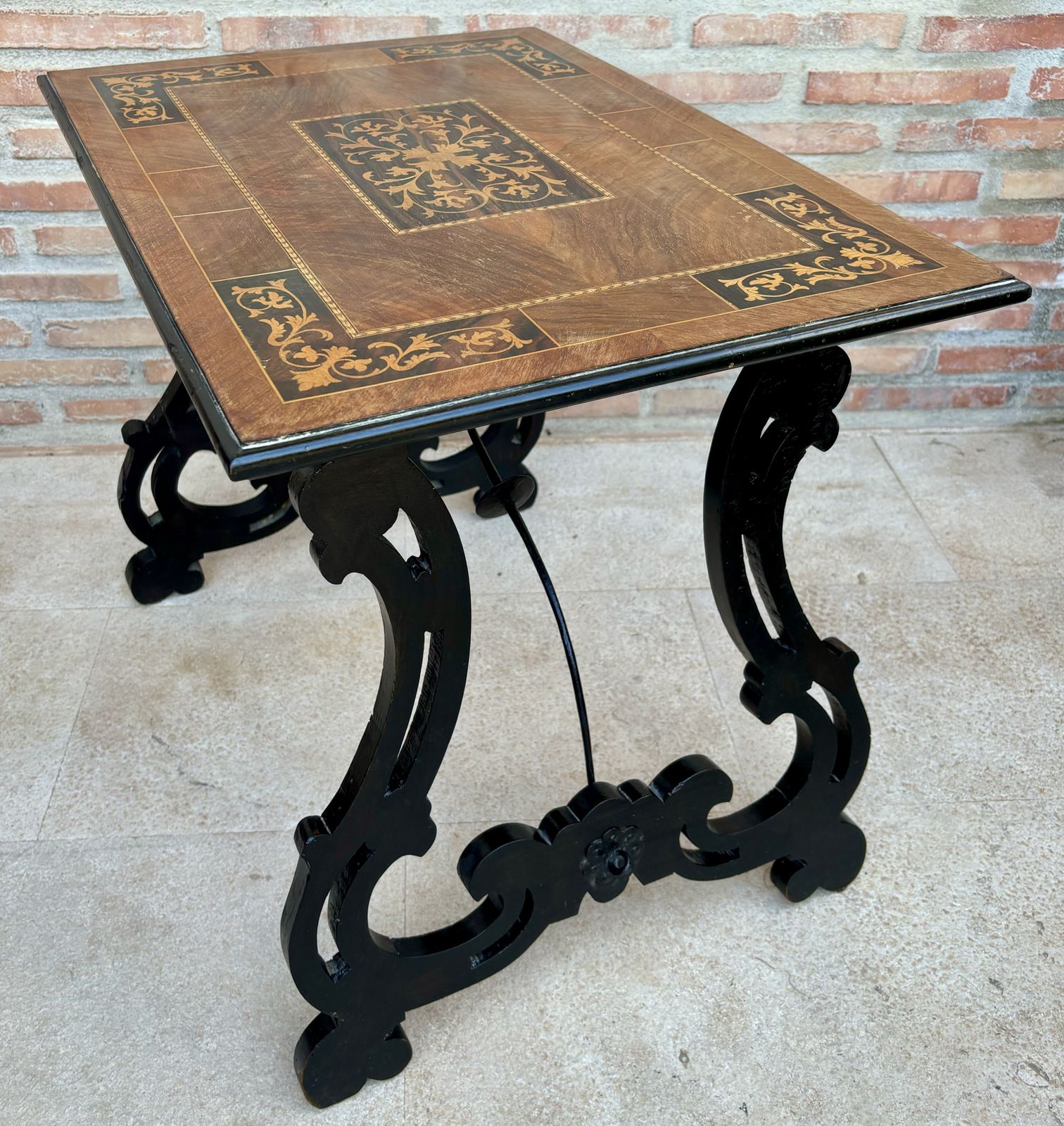 Spanish Early 19th Century Baroque Side Table With Lyre Legs And Marquetry Top photo furniture