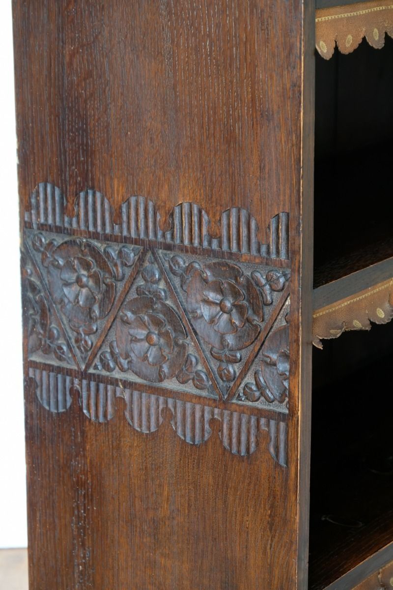 Edwardian Carved Bookcase With Leather Dust Cover Fringes photo vinterior