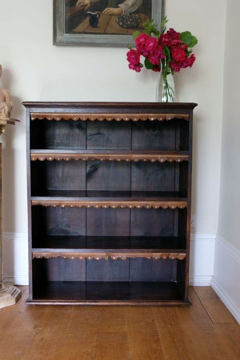 photo vinterior Edwardian Carved Bookcase With Leather Dust Cover Fringes