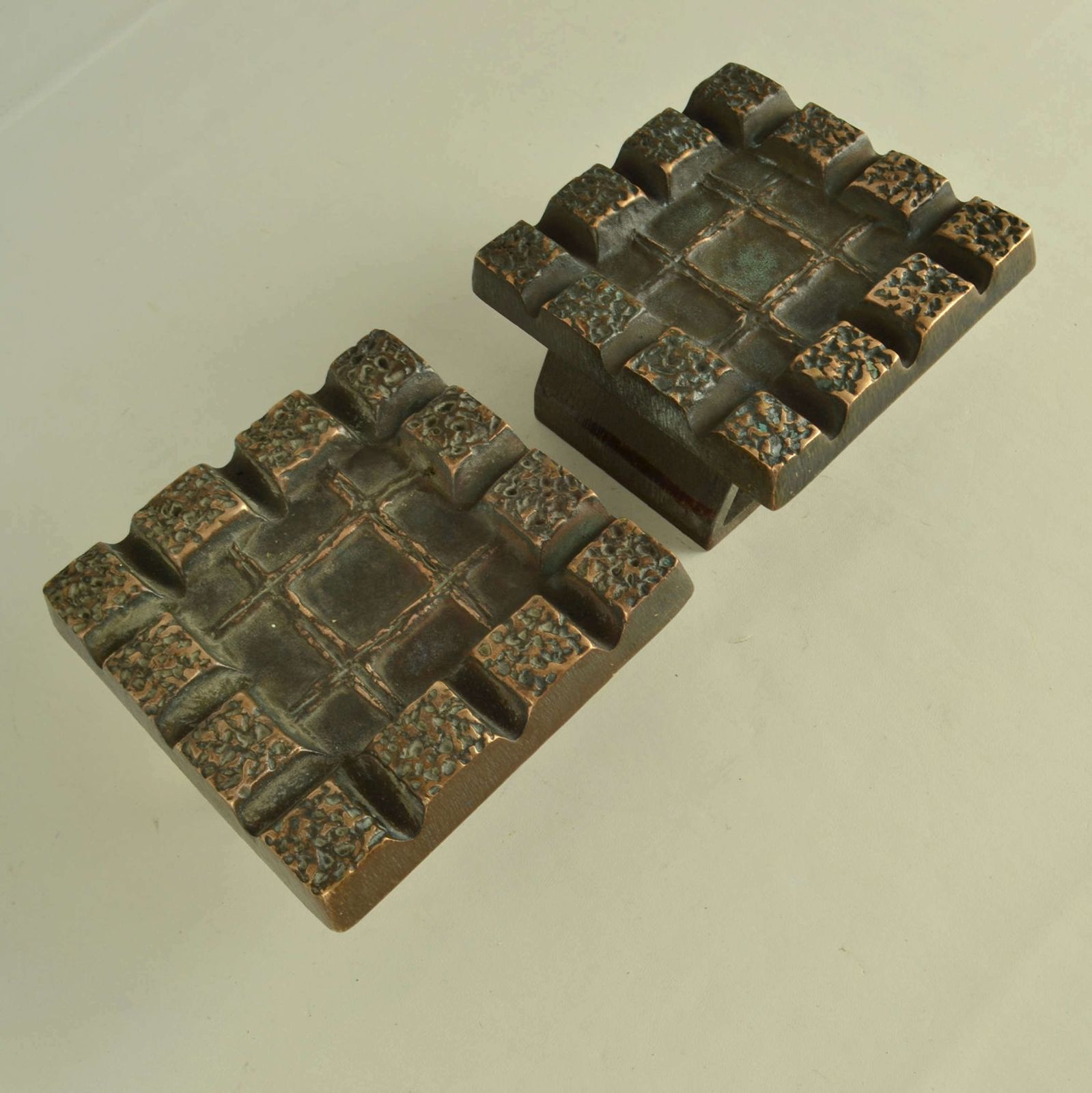Brutalist Pair Of Bronze Square Push Pull Door Handles With Geometric photo for sale