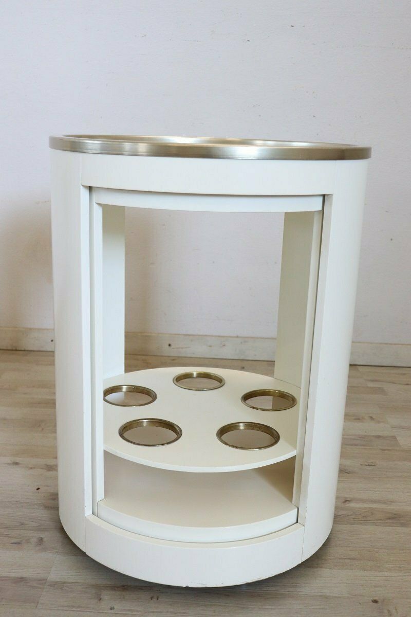 Space Age White Bar Cart On Wheels With Sliding Door, 1960s photo vinterior