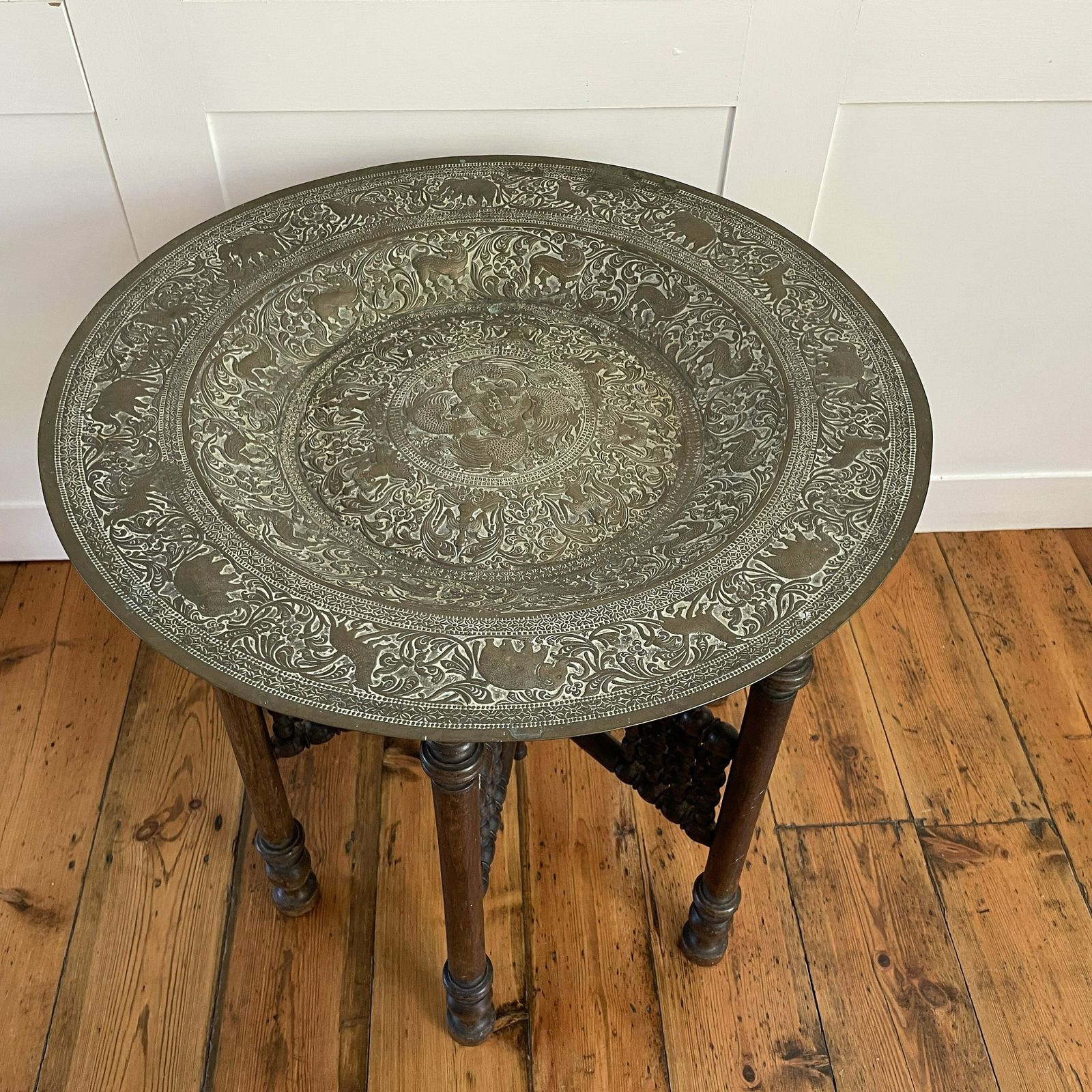 Antique Metal Gold Brass Indian Table Fold Away Patterned Tray Asian Handmade Intricate Decorative Patterned Round Coffee Side Wood Vintage photo furniture