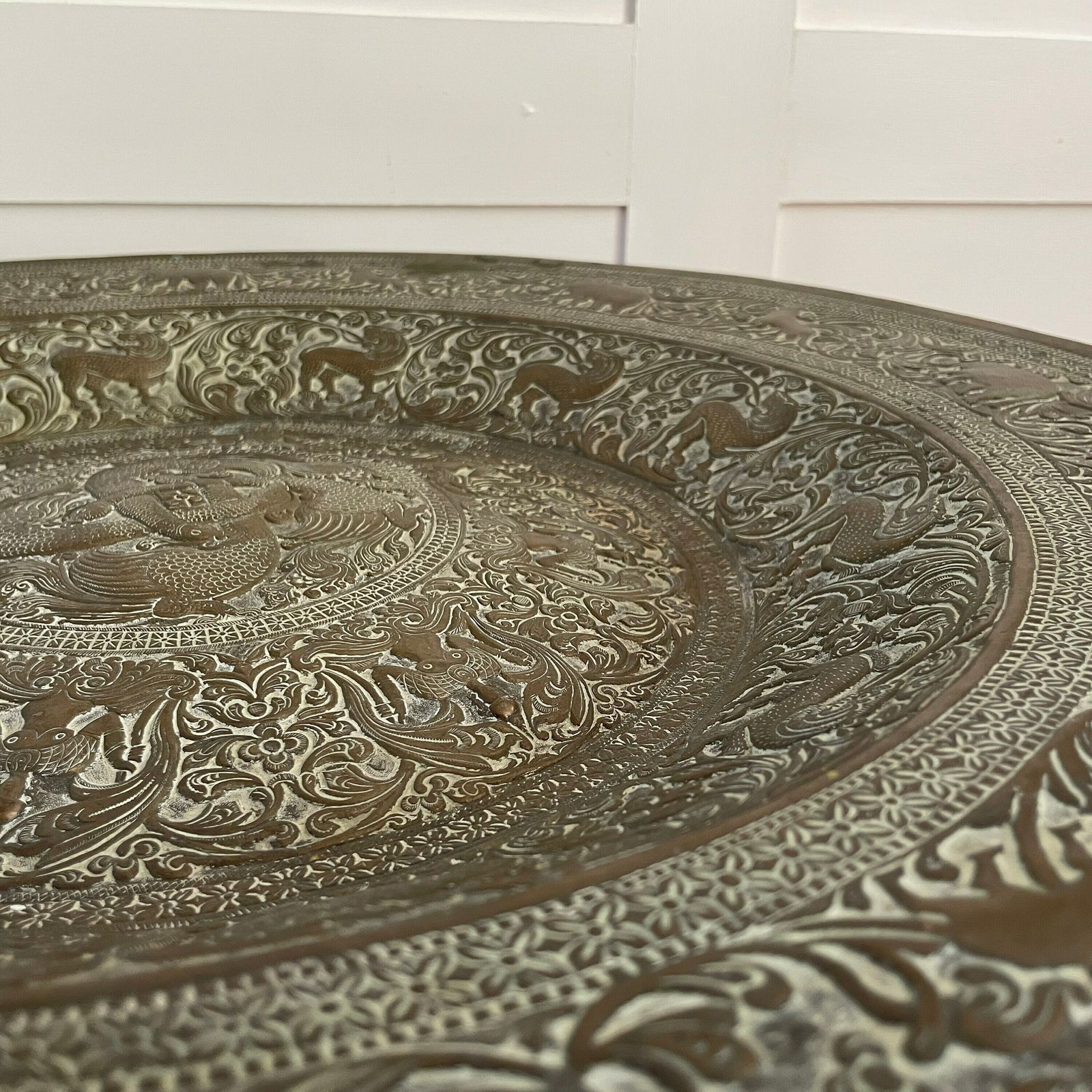 photo furniture Antique Metal Gold Brass Indian Table Fold Away Patterned Tray Asian Handmade Intricate Decorative Patterned Round Coffee Side Wood Vintage