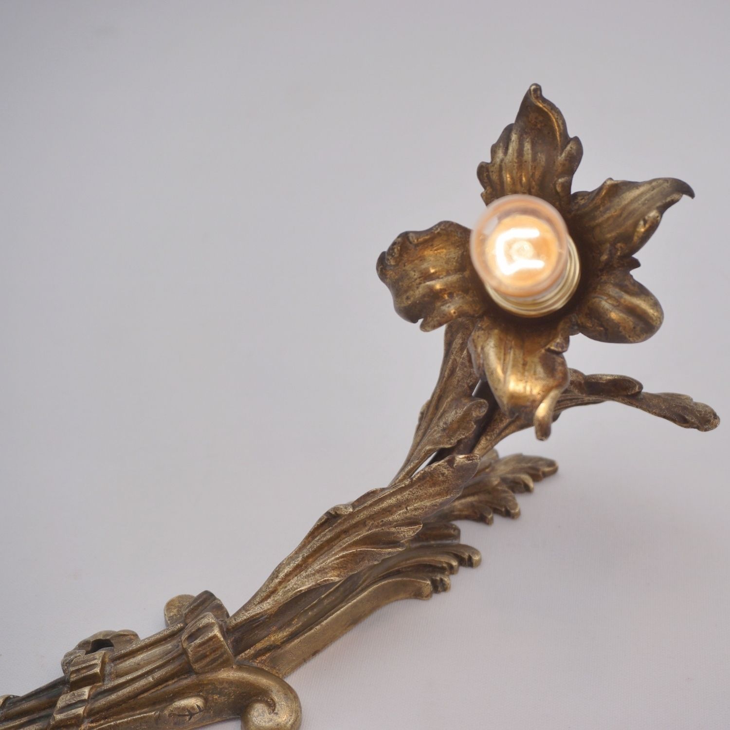 Pair Art Nouveau Wall Lights Sconces, Lily Flower Foliate Decoration In Gilt Bronze, 1890`s Ca, French, Rewired photo for sale