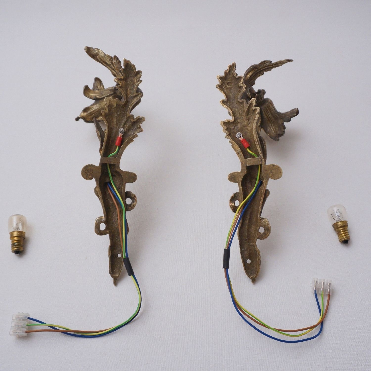photo for sale Pair Art Nouveau Wall Lights Sconces, Lily Flower Foliate Decoration In Gilt Bronze, 1890`s Ca, French, Rewired