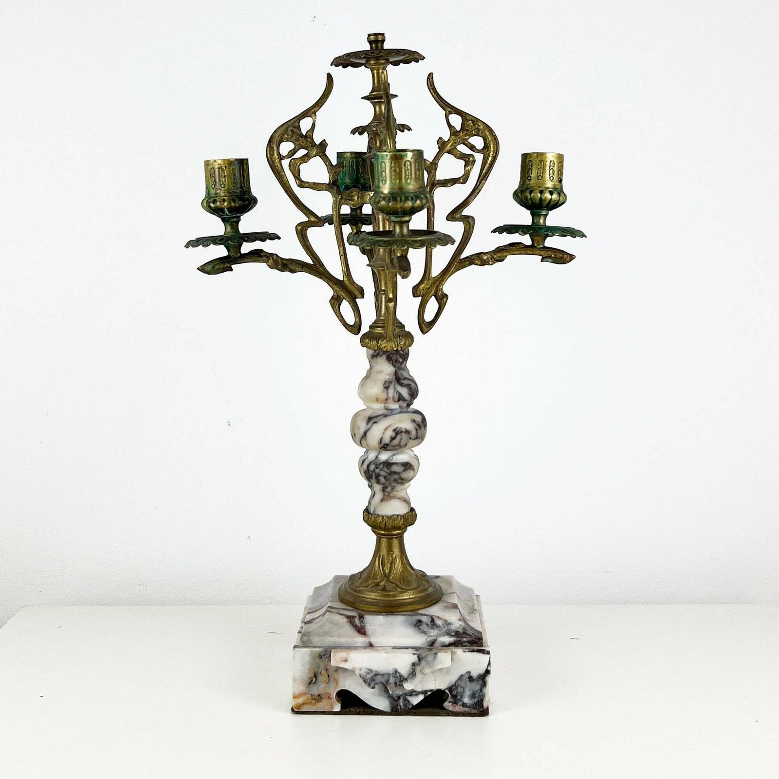 Antieke Kandelaber, Art Nouveau Kandelaber, Antieke Kandelaarhouder, Sierlijke Franse Kandelaar Van Marmer En Messing