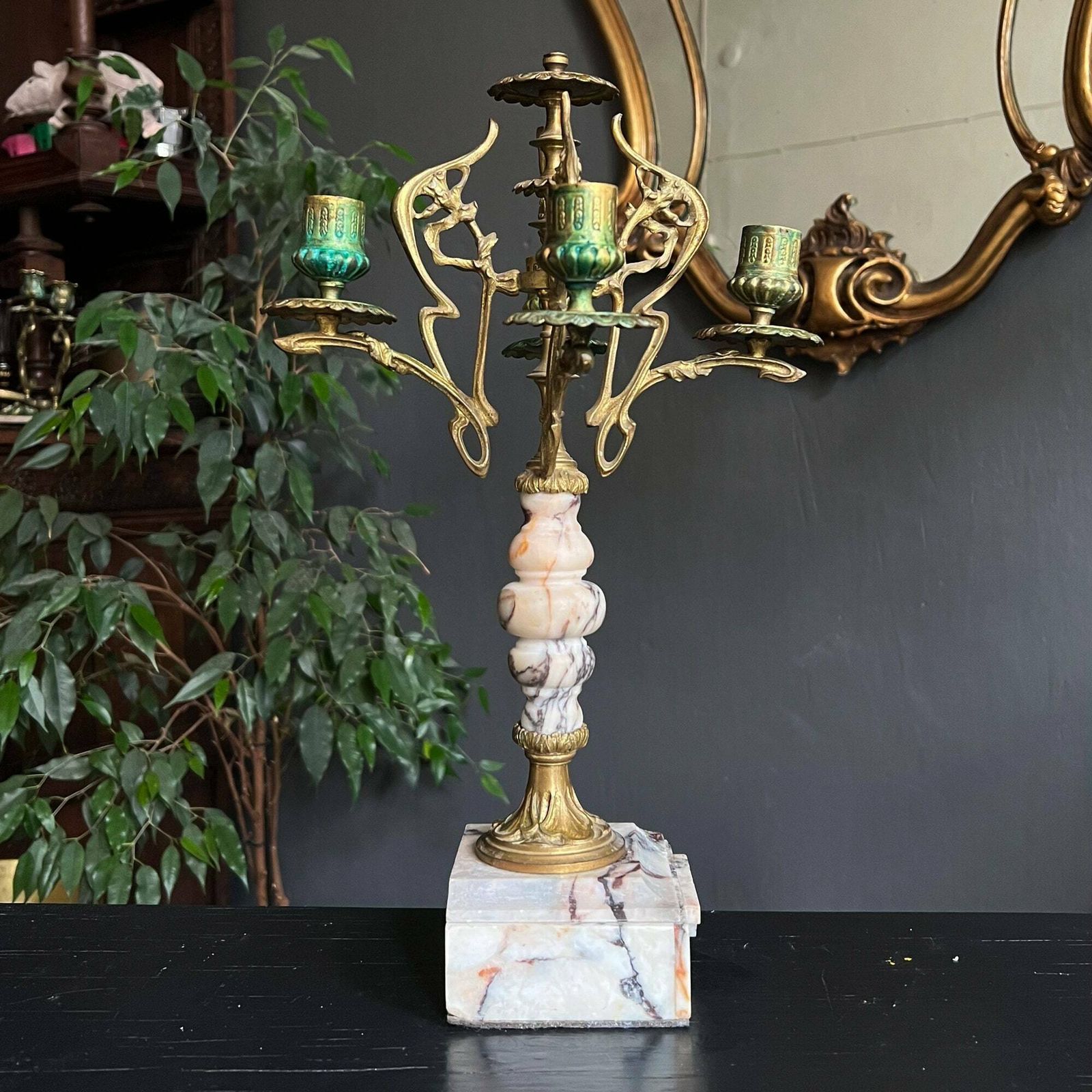 Antique Candelabra, Art Nouveau Candelabra, Antique Candle Holder, Ornate French Marble And Brass Candlestick Holder photo vinterior