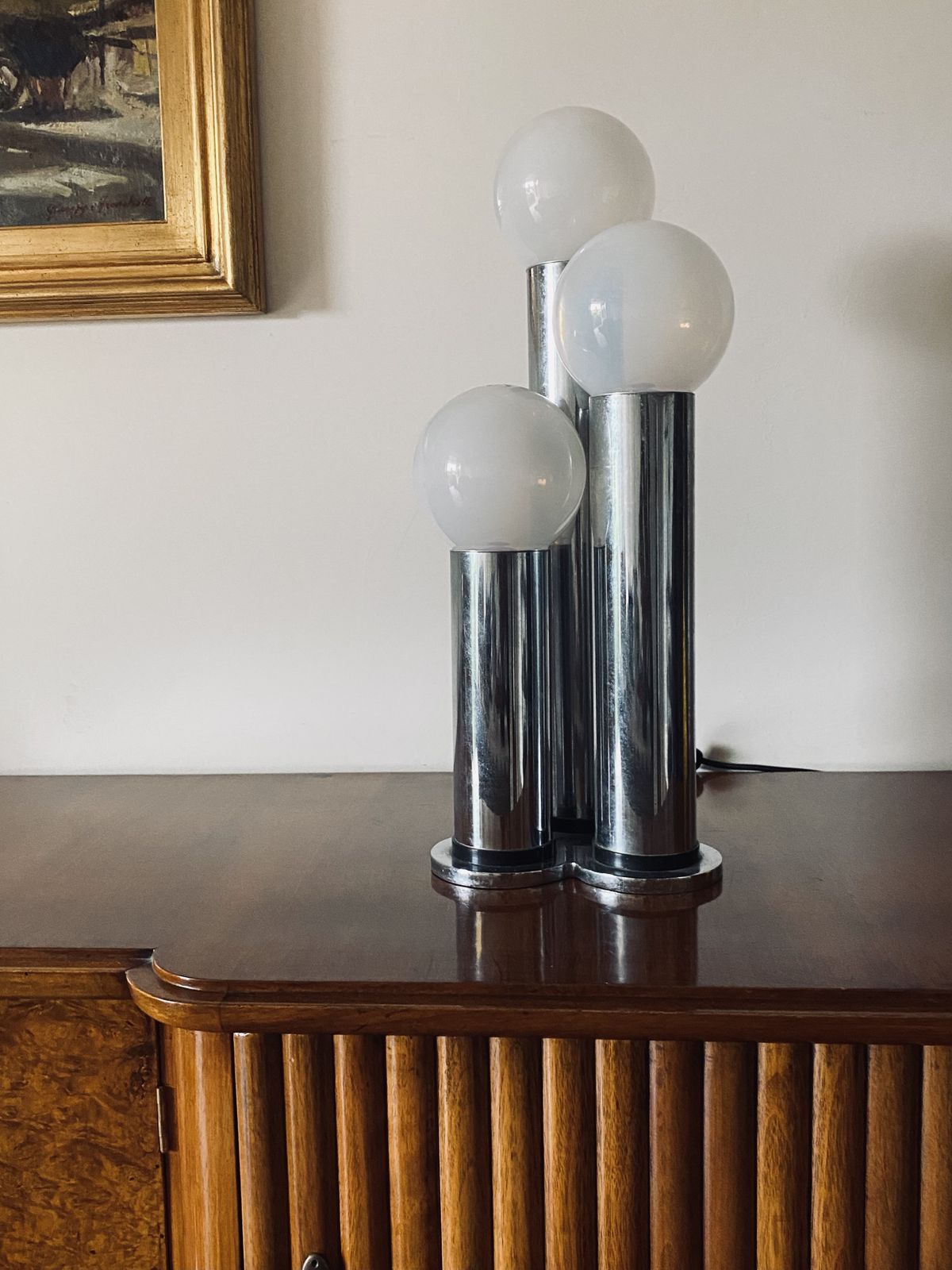 Hollywood Regency 3 Lights Metal And Opaline Glass Table Lamp, Lama, Italy 1970s photo furniture