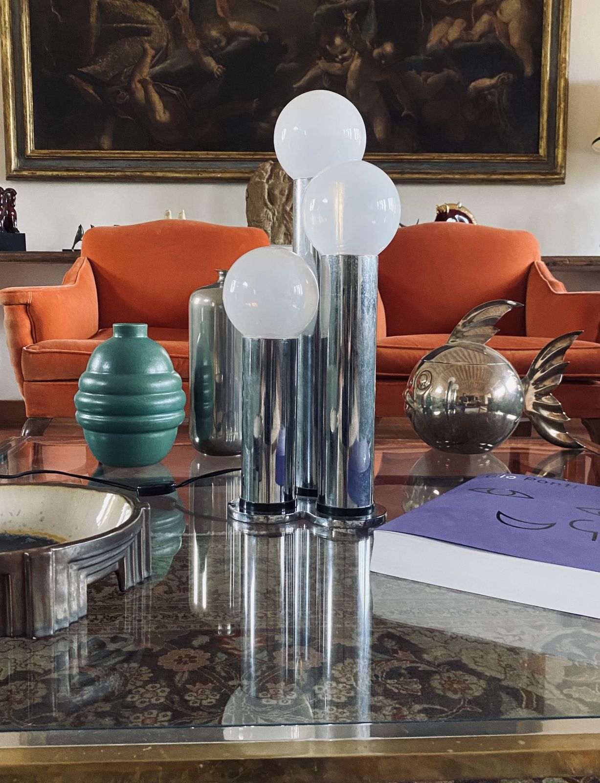 Lighting Hollywood Regency 3 Lights Metal And Opaline Glass Table Lamp, Lama, Italy 1970s photo