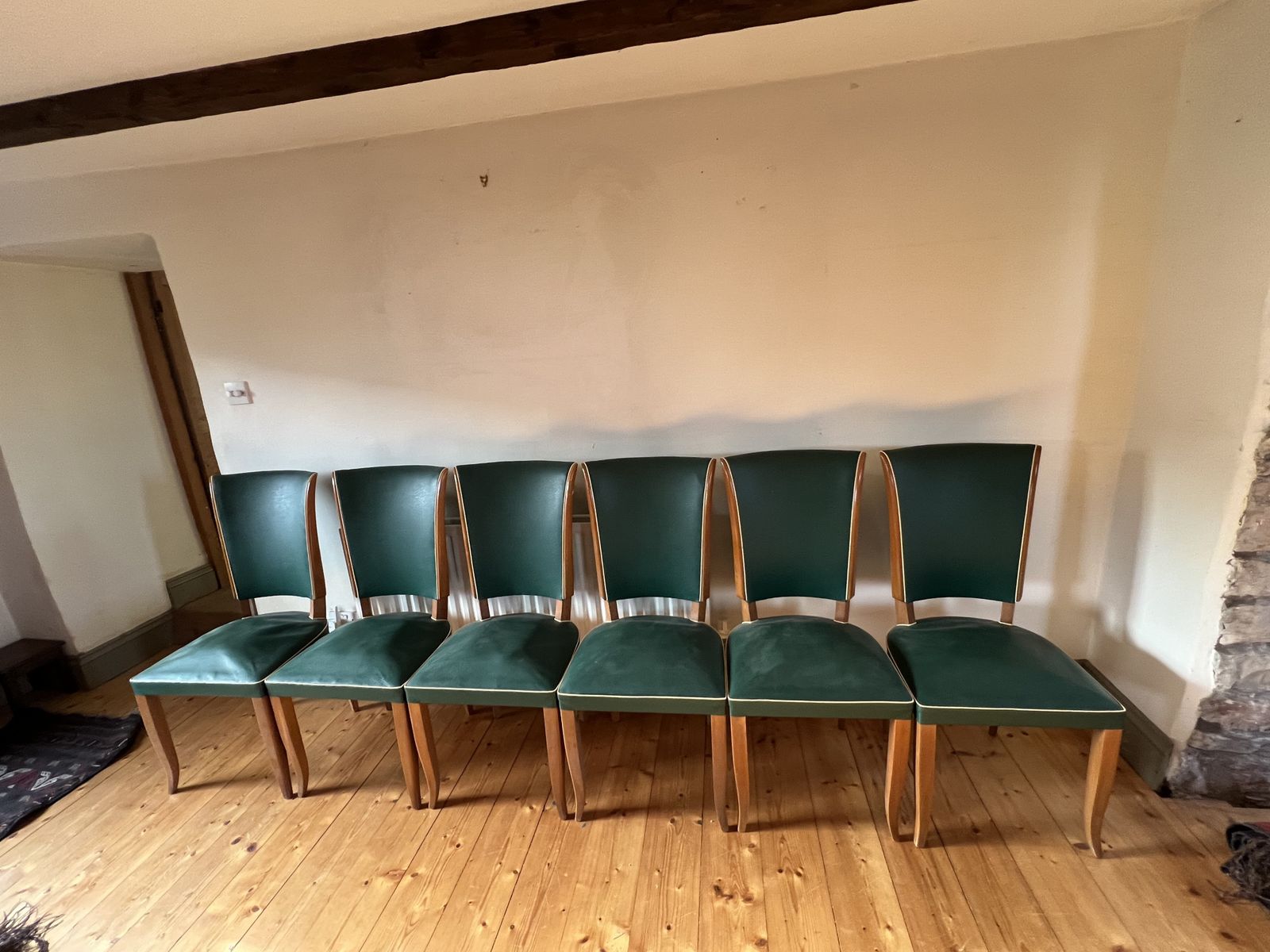 Six French 1930s Green Dining Chairs, Style Of Jules Leleu