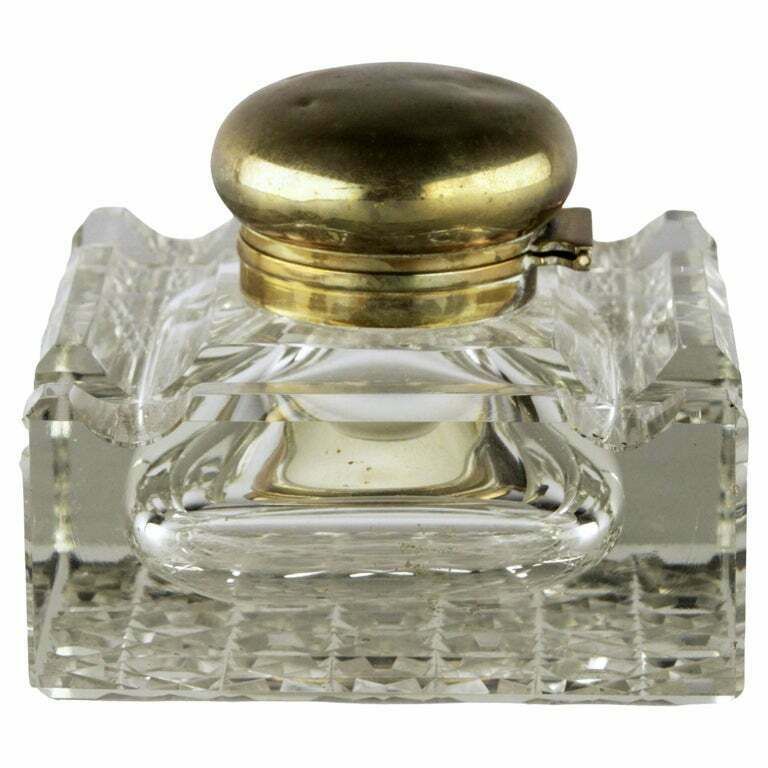 English Square Shapped Cut Glass/Crystal Inkwell With Brass/Bronze Top