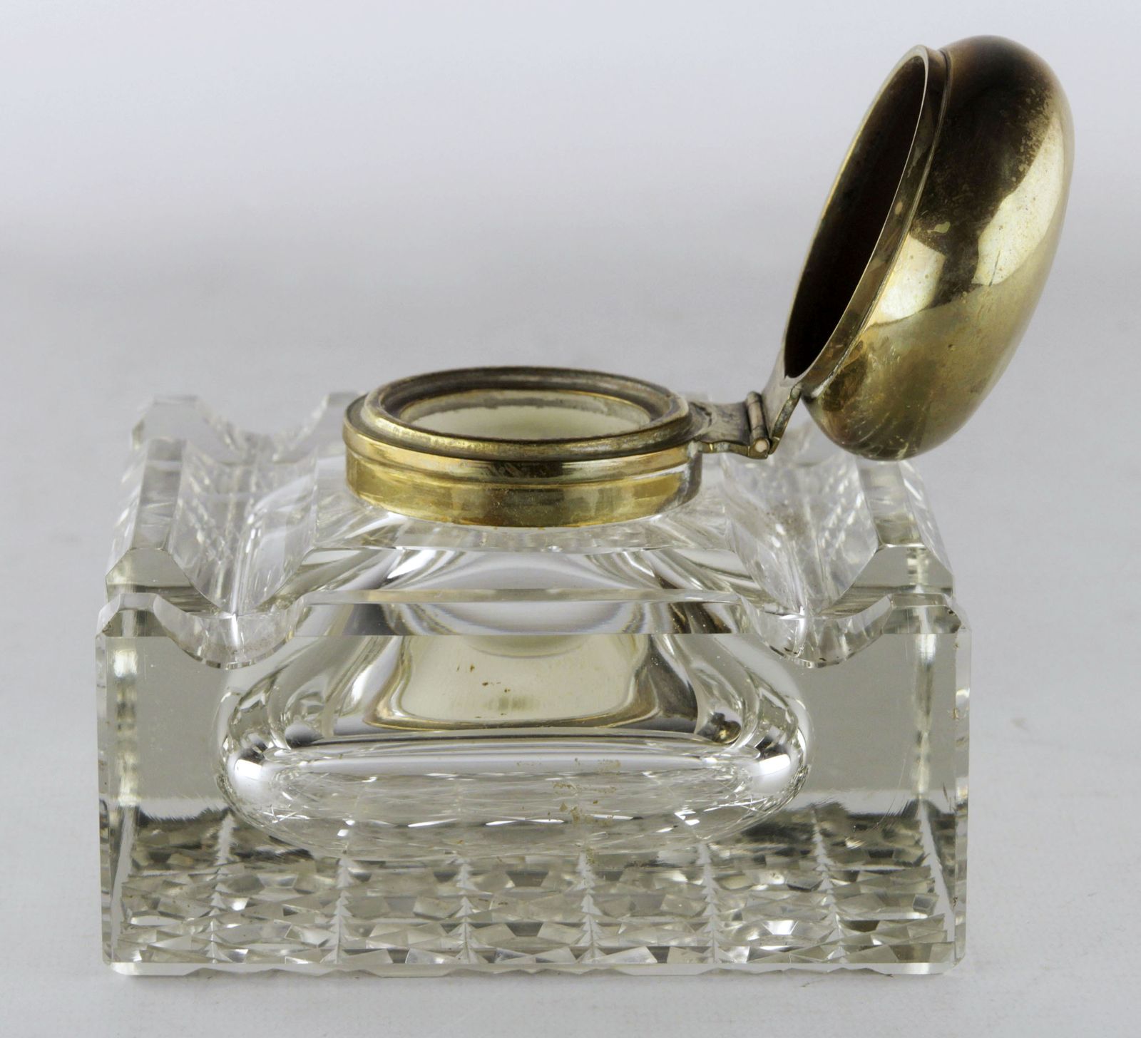 English Square Shapped Cut Glass/Crystal Inkwell With Brass/Bronze Top photo Home Decor