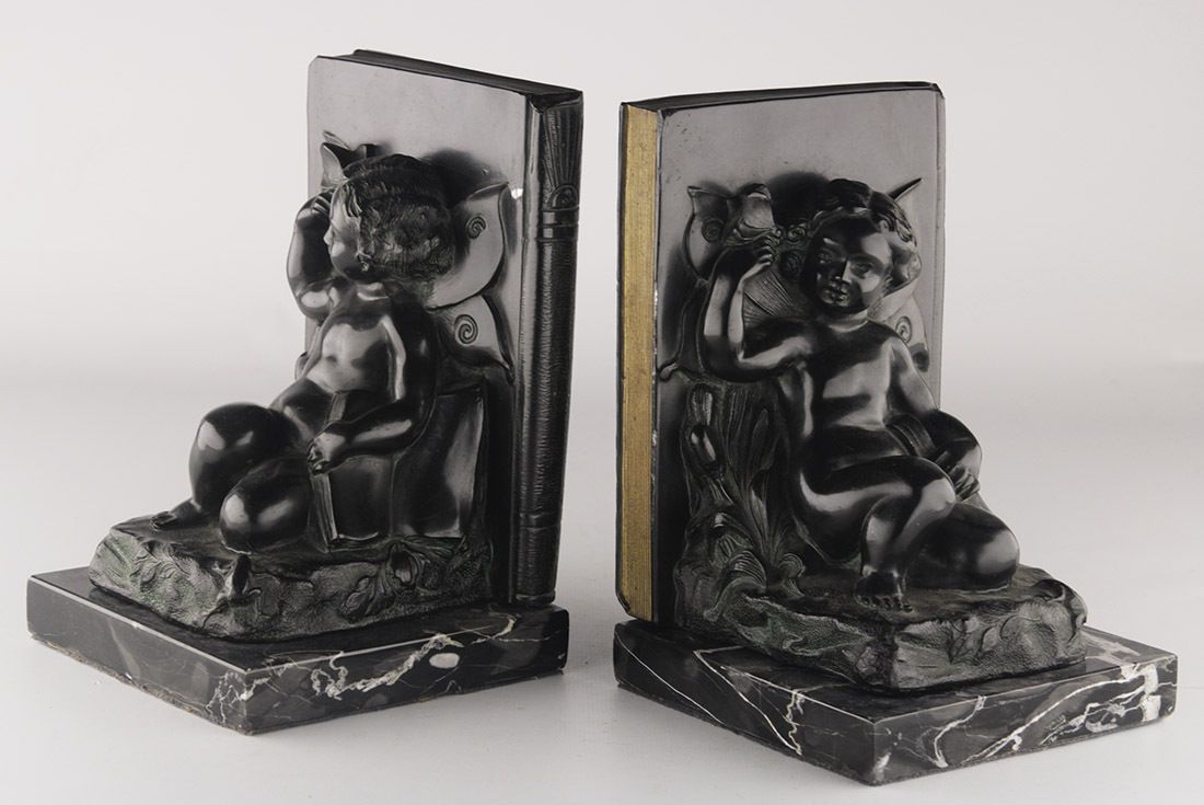 Set Of Early 20th Century French Art Déco Zamac Winged Cherub/Fairy Child Bookends With Marble Base photo for sale