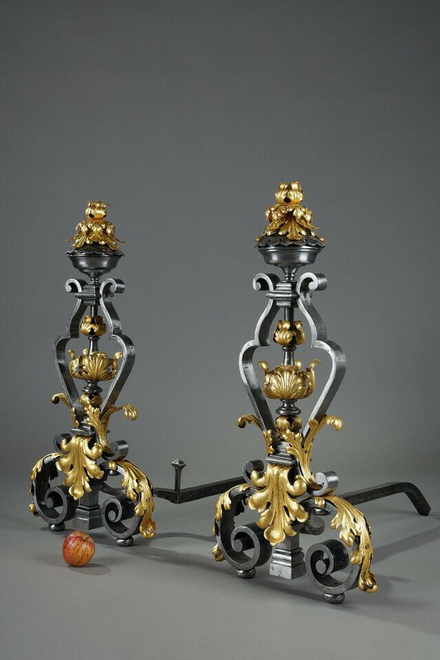 Very Large Pair Of Wrought Iron Mantelpieces With Foliage, Mask And Scroll Motifs