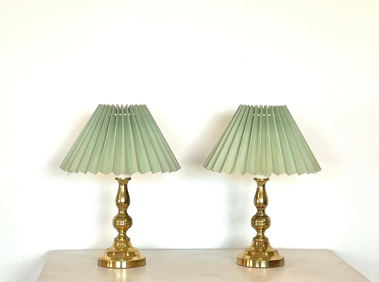 Danish Mid Century Modern 1960s Pair Of Table Lamps In Patinated Brass With Green Shades   Design From Knud Christensen Belysning, Denmark photo Lighting