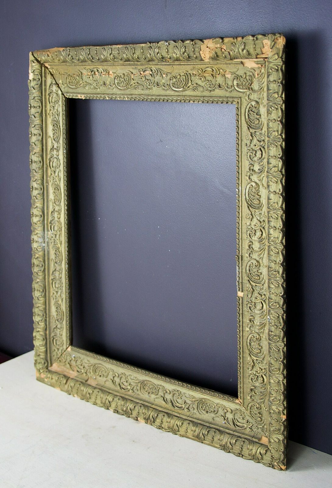 Antique Wood Frame, Distressed Frame, Aged Gold Frame, Ornate Gesso Frame, Empty Frame, French Home Decor, Carved Wood Frame photo for sale