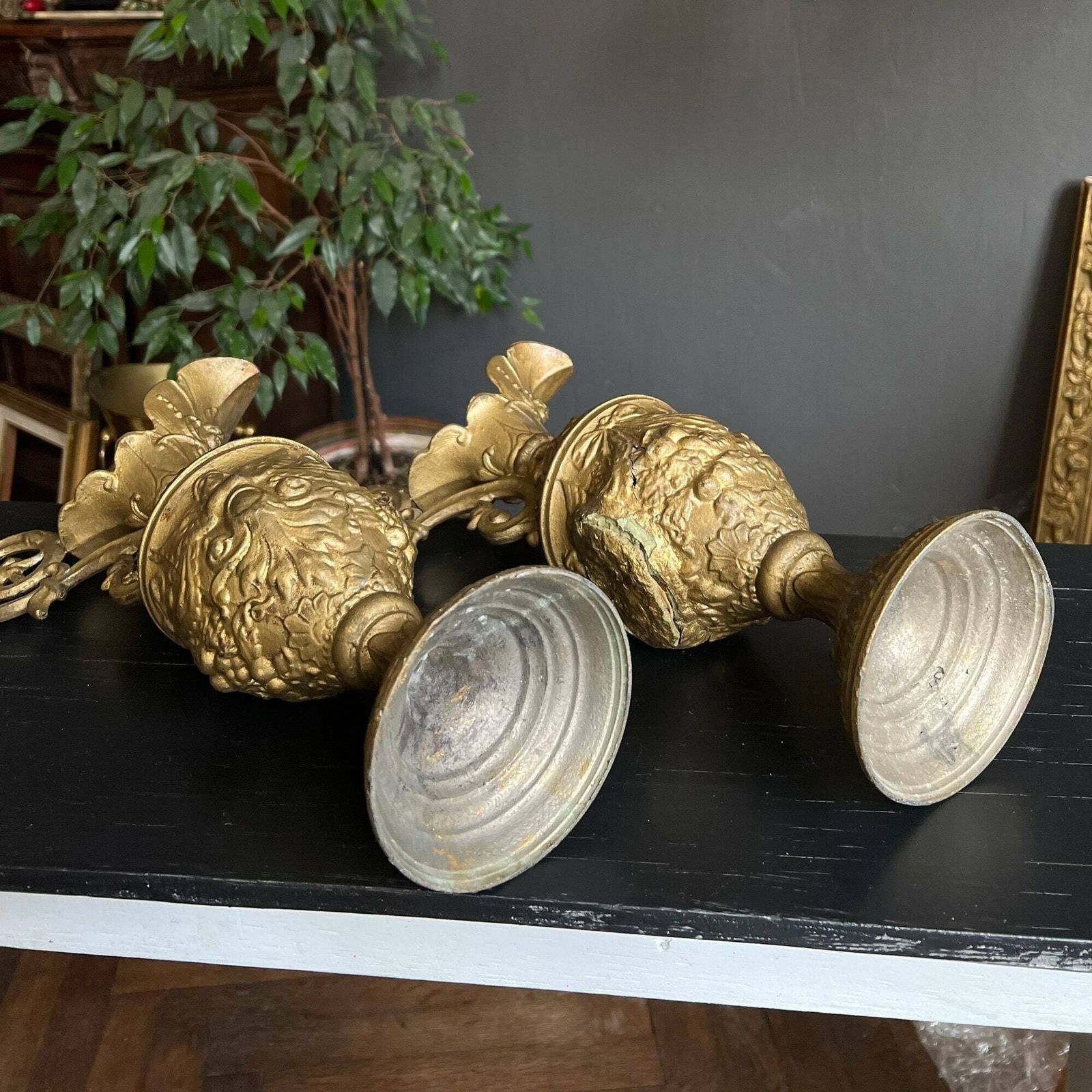 A Pair Of Antique Decorative Ewers, Bronze Painted Antique Pitchers, Lamp Base, Antique Decor photo vintage