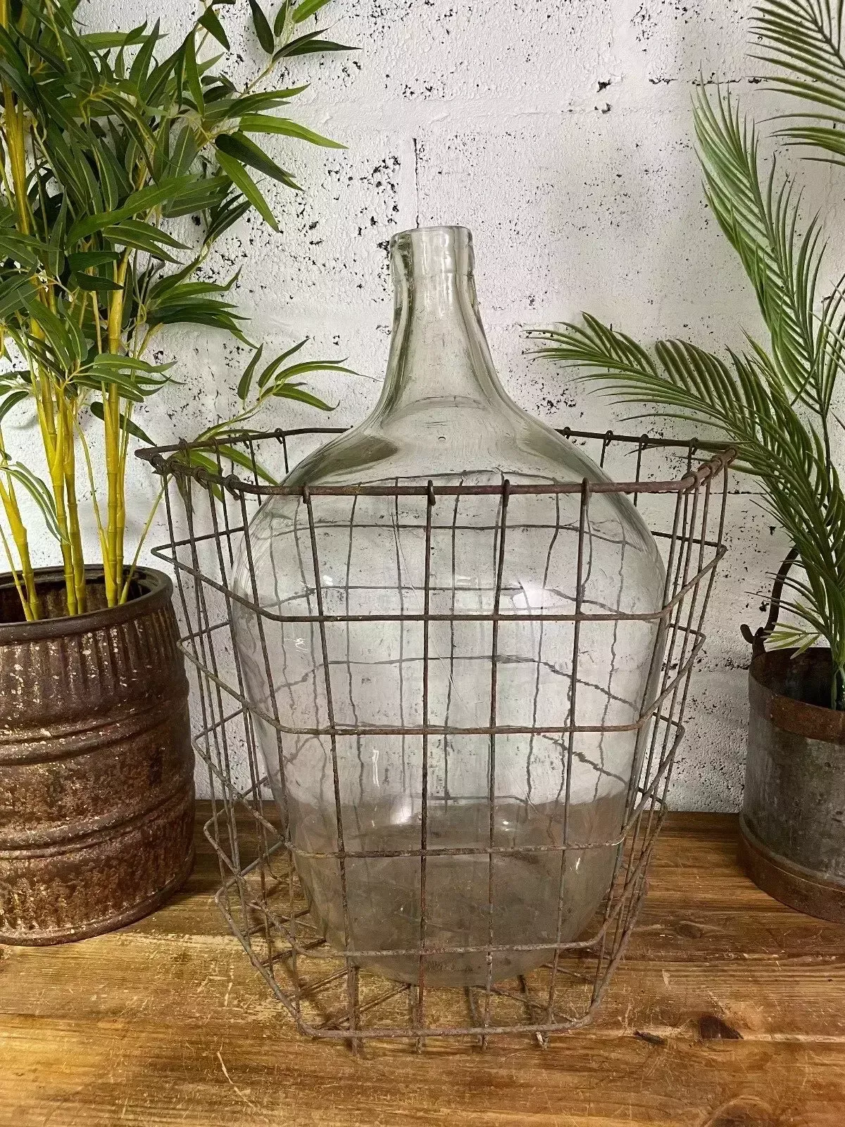 Antique Vintage Large French Hand Blown Glass Demijohn Carboy Cage Wedding Prop photo furniture
