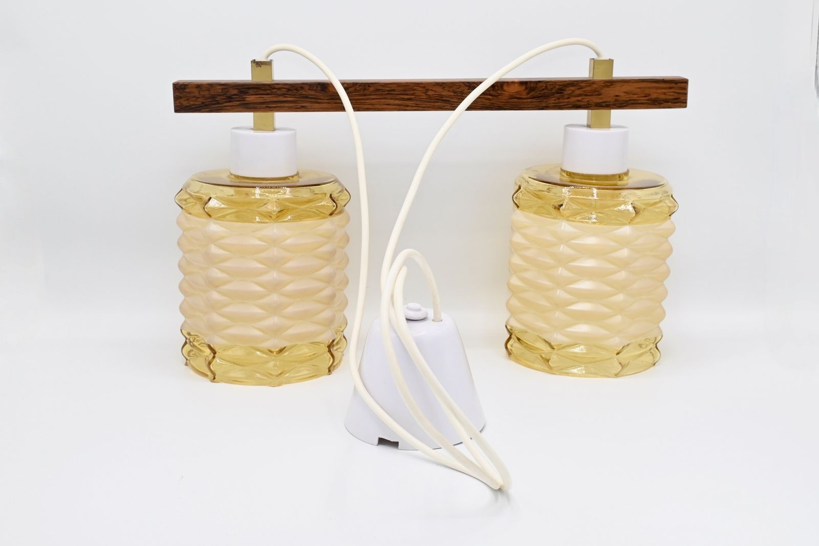 Vintage Midcentury Wood With Glass Double Hanging Lamp, Sweden 1960s photo vinterior