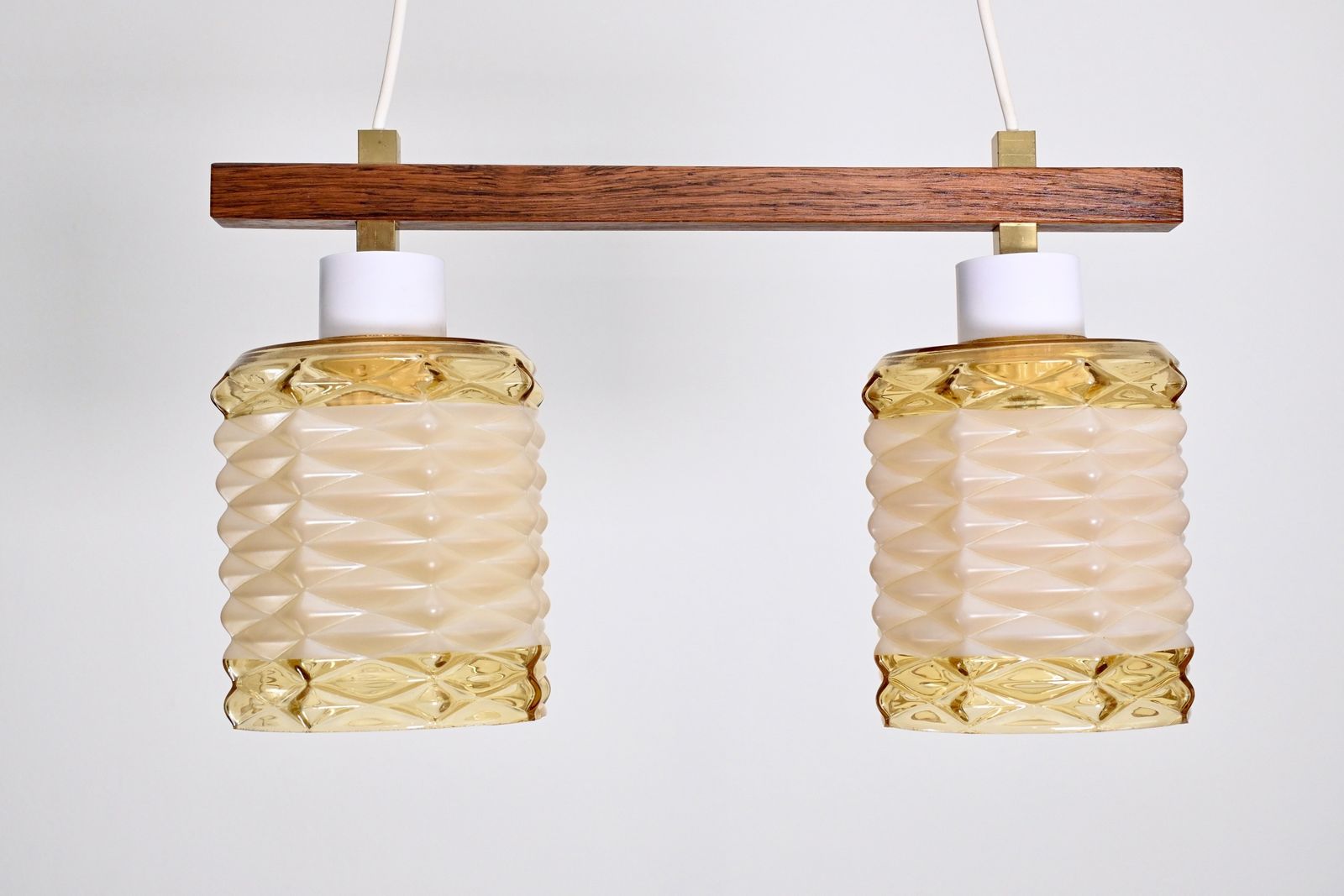 Vintage Midcentury Wood With Glass Double Hanging Lamp, Sweden 1960s