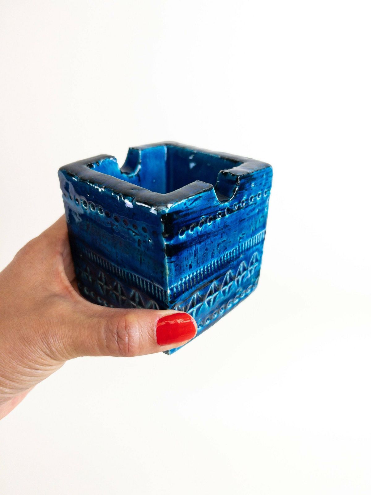 Bitossi Rimini Blu Ashtray By Aldo Londi   Blue Italian Mid Century Ceramic Square Block Ashtray photo furniture