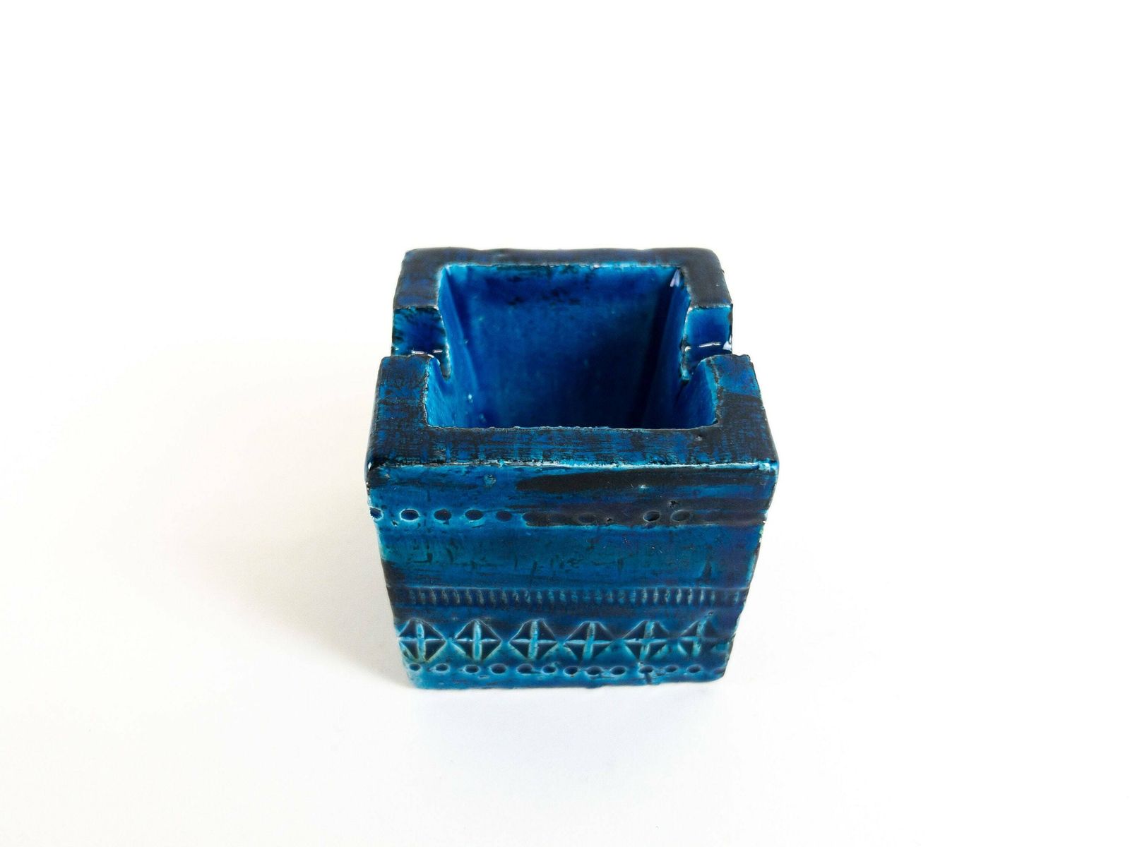 Bitossi Rimini Blu Ashtray By Aldo Londi   Blue Italian Mid Century Ceramic Square Block Ashtray photo 106.0