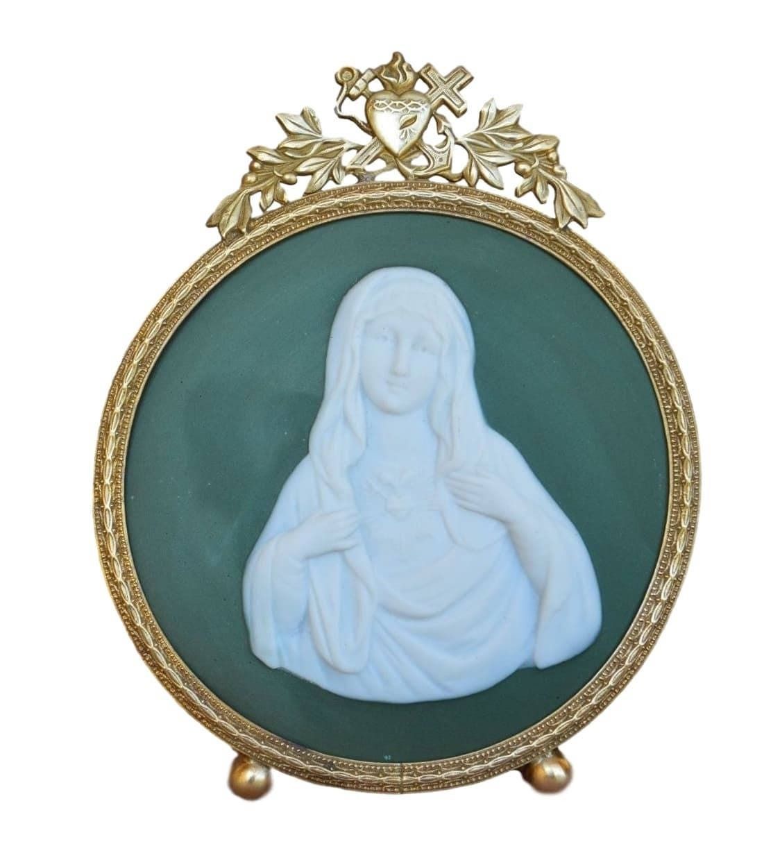Religious 19thc Antique Brass Reliquary Frame   Mary Sacred Heart Plaque   French Virgin Mary Oratory   Religious Gift Communion