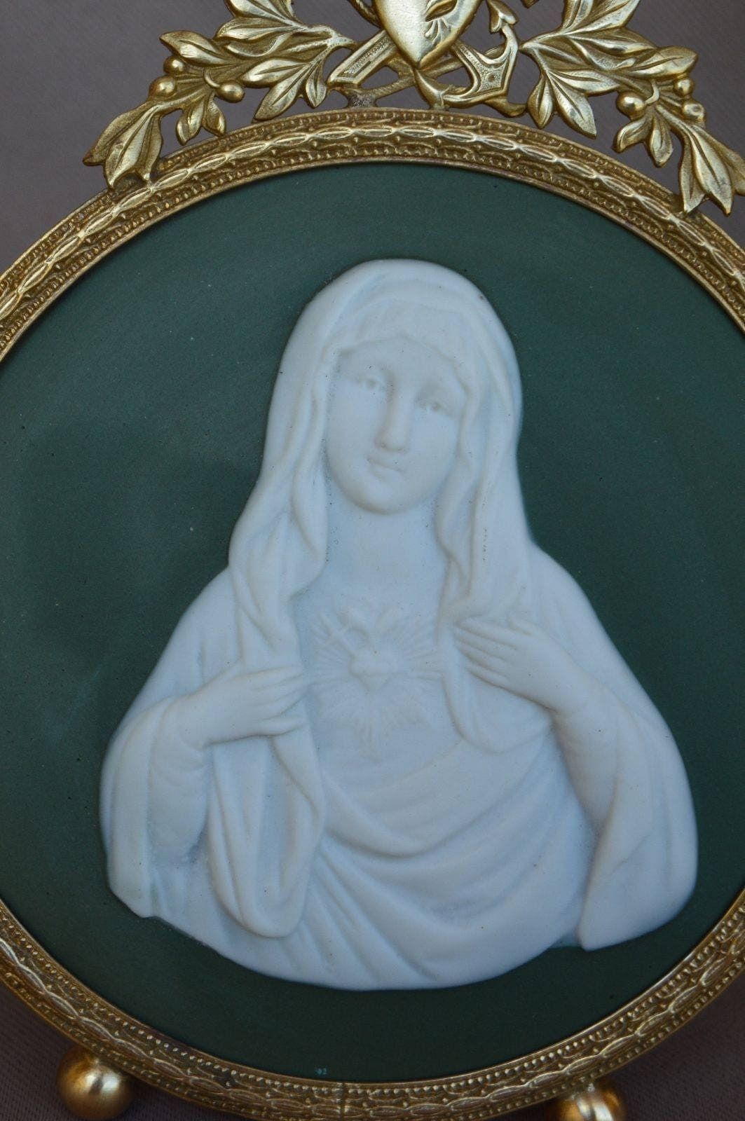 Religious 19thc Antique Brass Reliquary Frame   Mary Sacred Heart Plaque   French Virgin Mary Oratory   Religious Gift Communion photo furniture