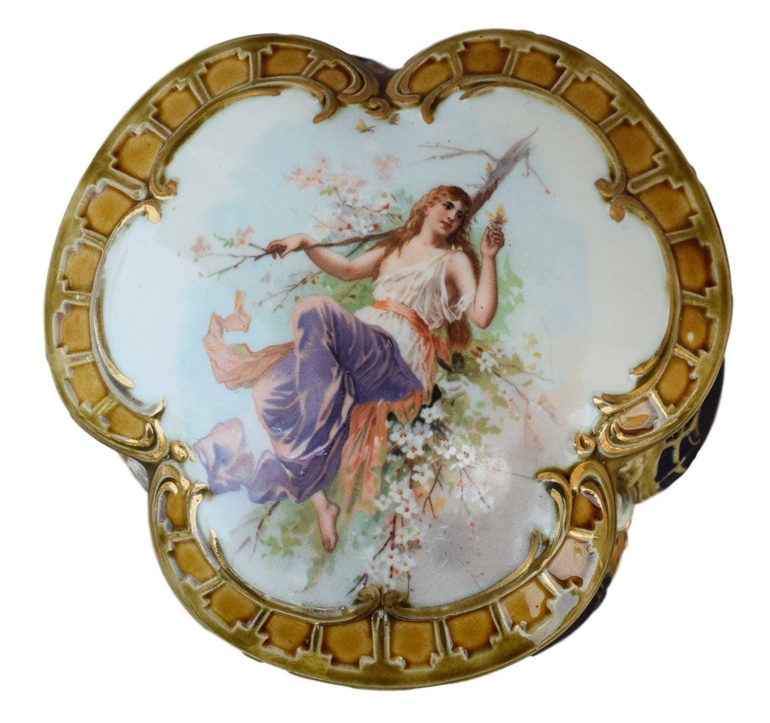 French Antique Art Nouveau Majolica Olibet Biscuits Lidded Box photo for sale