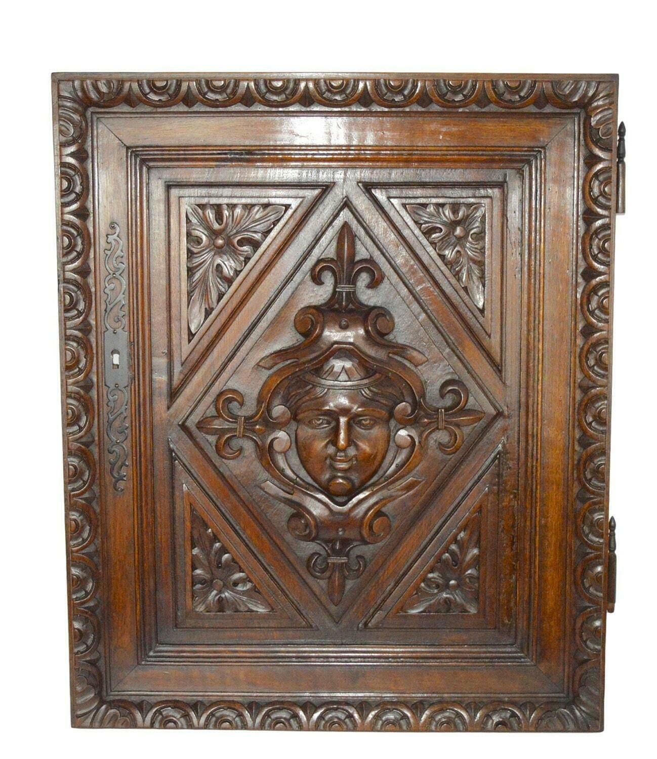 French Antique Gothic Hand Carved Walnut Wood Door Panel Renaissance
