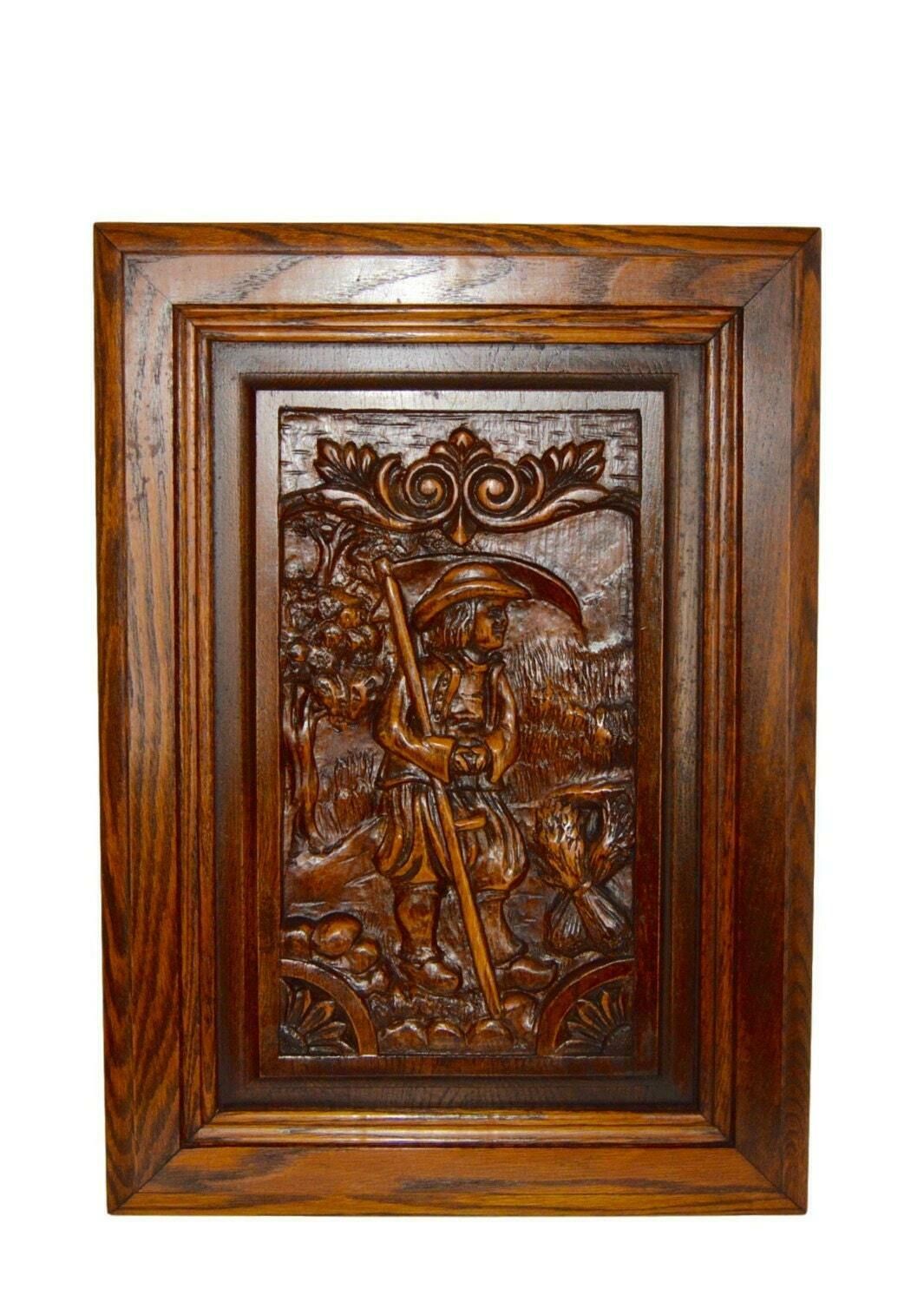 French Carved Wood Door Panel Picture Breton Figures Brittany Wheat Reaper