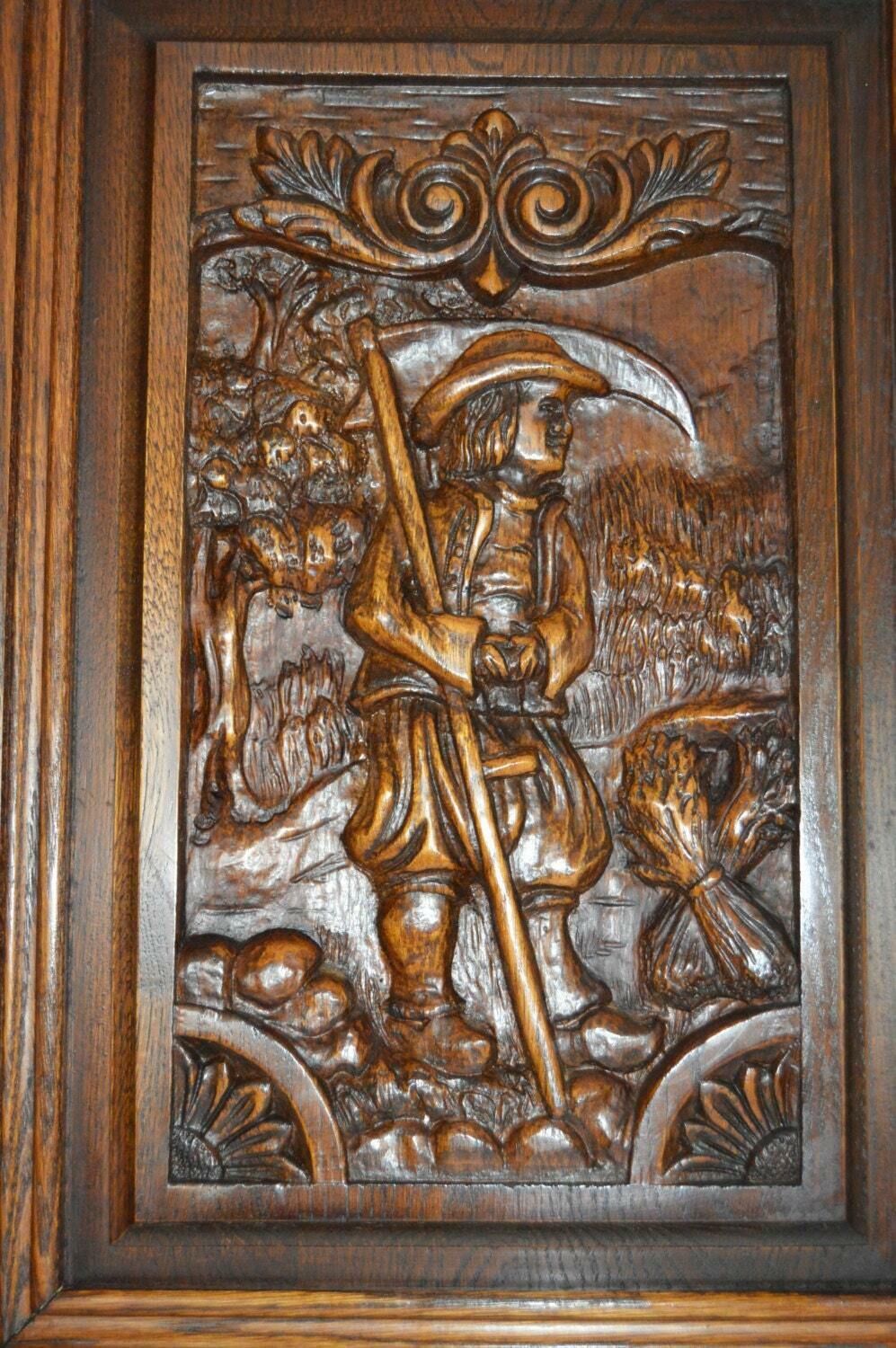 French Carved Wood Door Panel Picture Breton Figures Brittany Wheat Reaper photo Home Fixtures