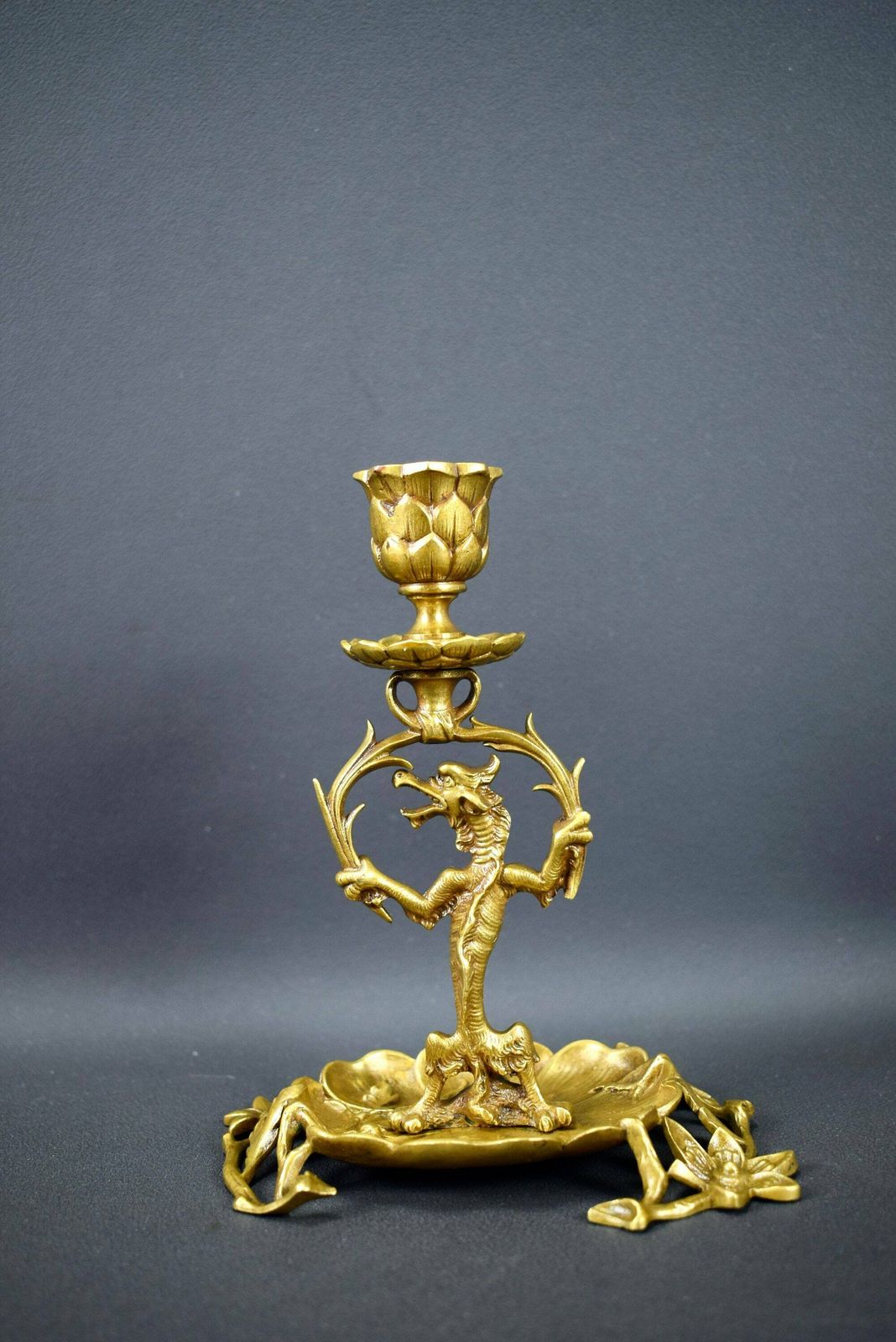 Vintage French Antique Bronze Candlestick Candle Holder 19th Dragons photo furniture