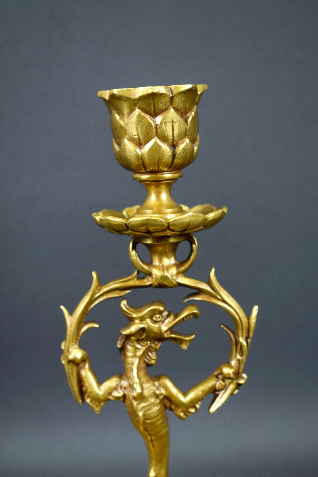 Vintage French Antique Bronze Candlestick Candle Holder 19th Dragons photo vinterior