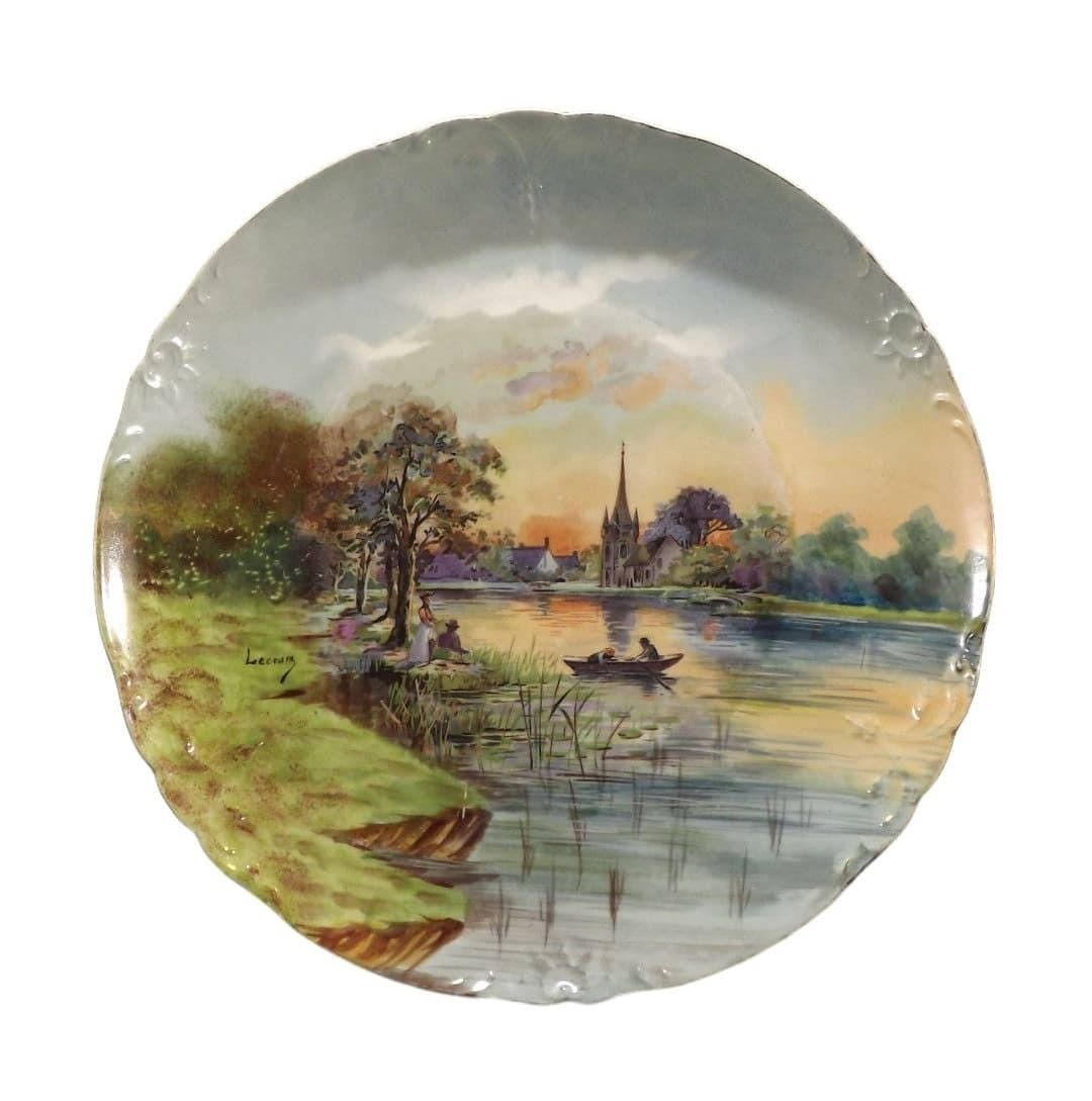 French Antique Large Limoges Porcelain Plate By J Pouyat 1890 1932 Signed Lecram Decorator   Impressionist Sunset Painting   Hand Painted
