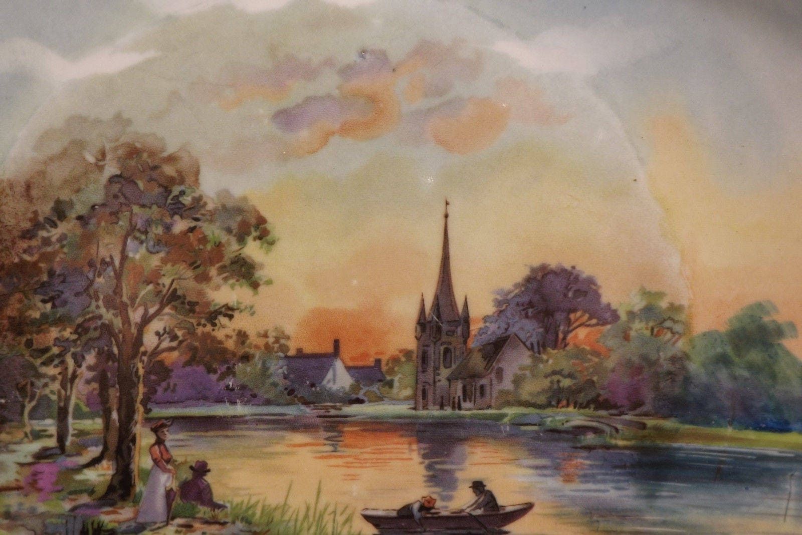French Antique Large Limoges Porcelain Plate By J Pouyat 1890 1932 Signed Lecram Decorator   Impressionist Sunset Painting   Hand Painted photo for sale