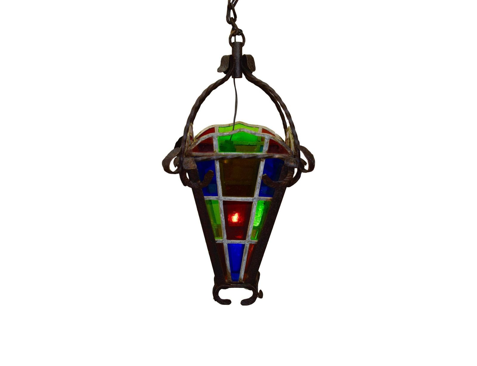 French Antique Wrought Iron Lantern With Stained Glass   Belle Epoque Porch Chandelier   Lighting Outdoor