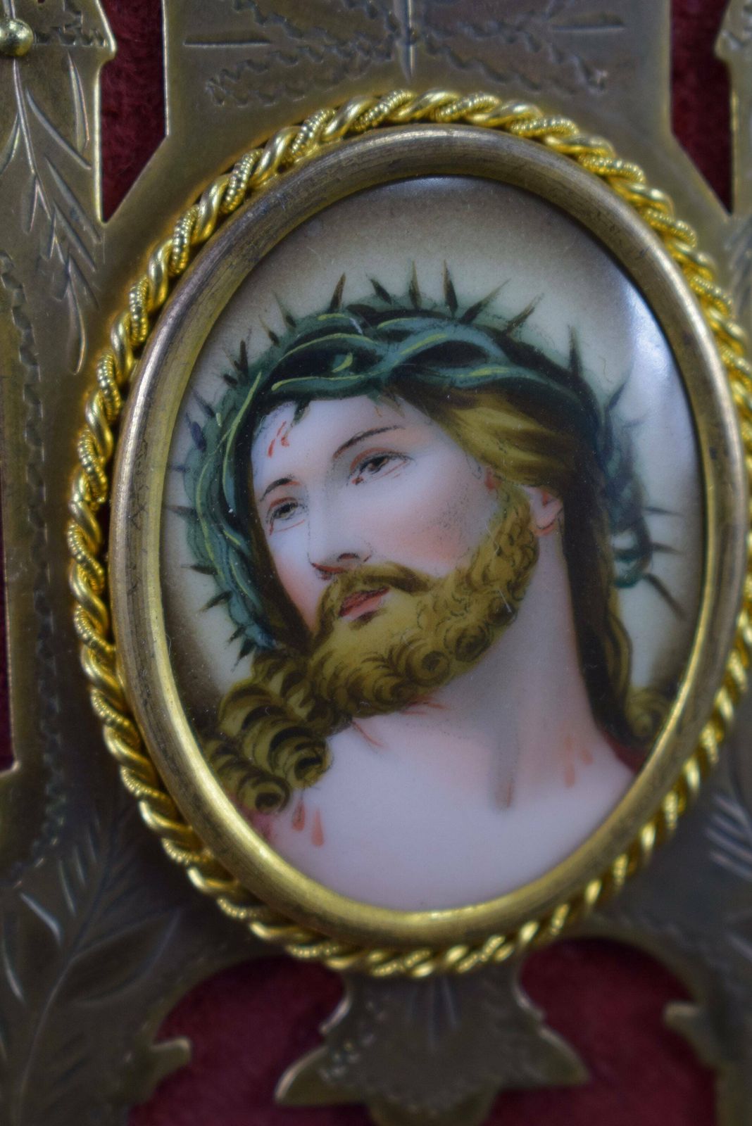 Vintage French Religious Holy Face Of Jesus Painting Holy Water Font 19th.C photo for sale