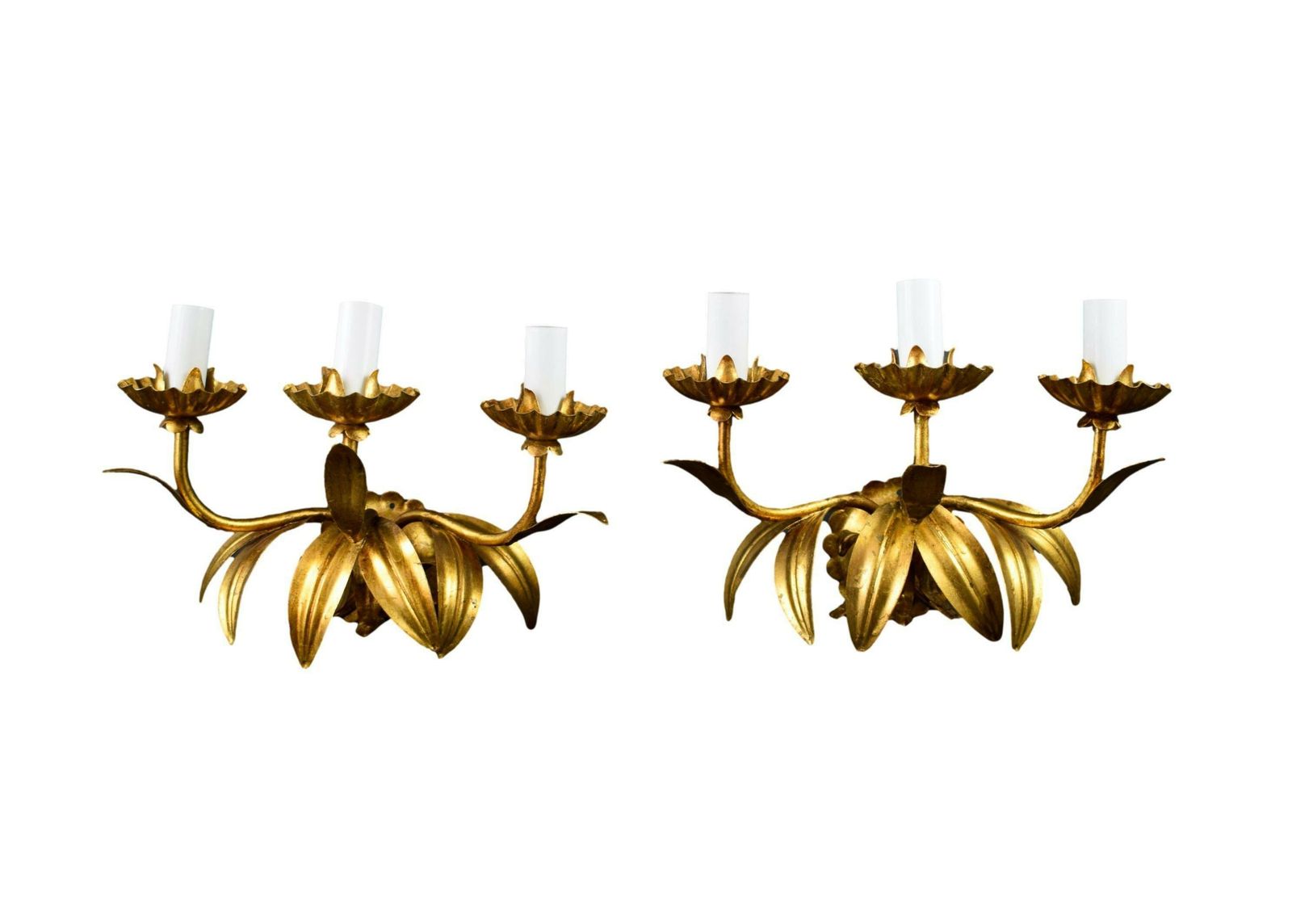 French Antique Pair Of Hollywood Regency Triple Leaves Wall Lights Sconces Hans Kögl