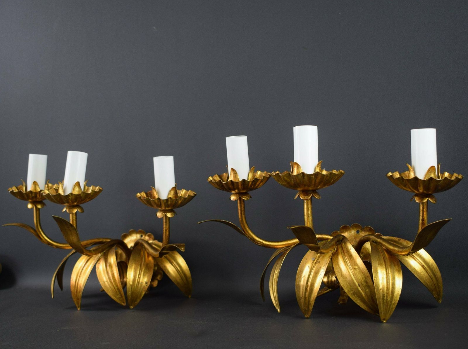 French Antique Pair Of Hollywood Regency Triple Leaves Wall Lights Sconces Hans Kögl photo for sale