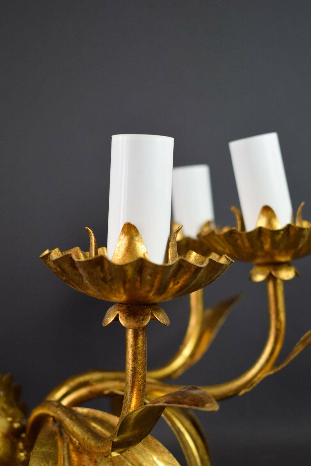 French Antique Pair Of Hollywood Regency Triple Leaves Wall Lights Sconces Hans Kögl photo 781.0