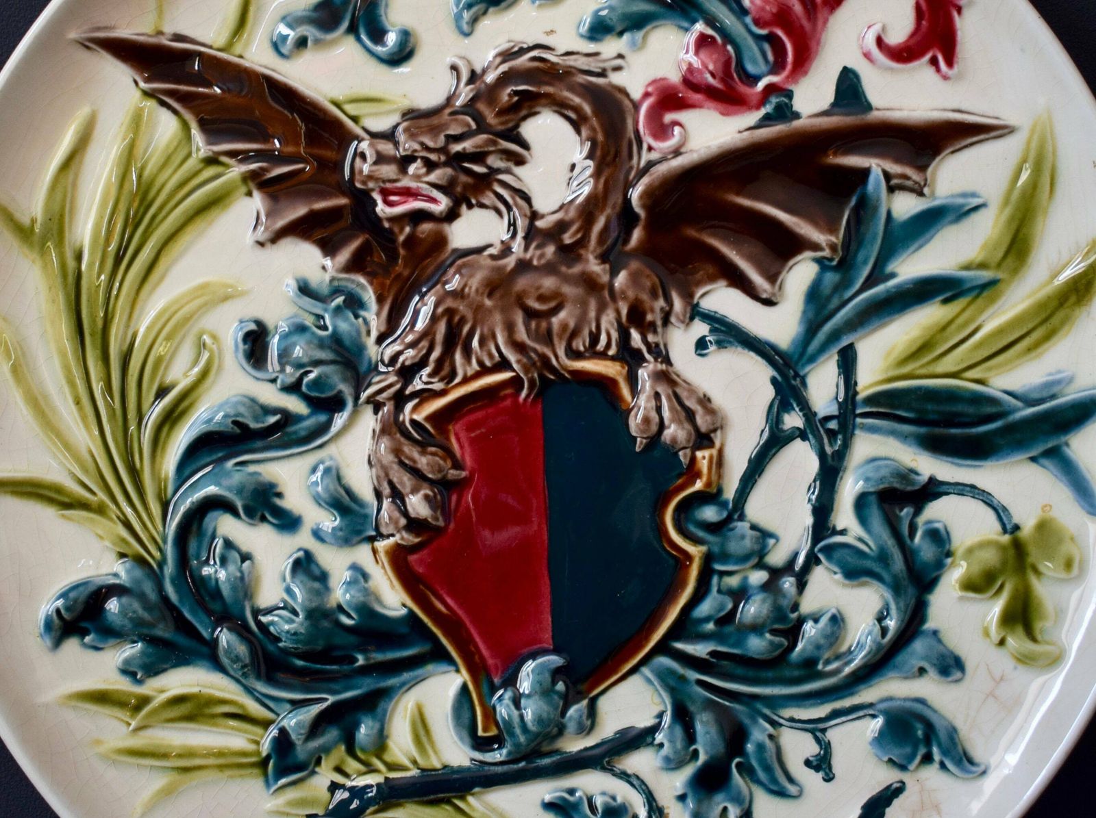 Antique Medieval Crest Coat Of Arms Majolica Wall Plate With Griffin photo furniture