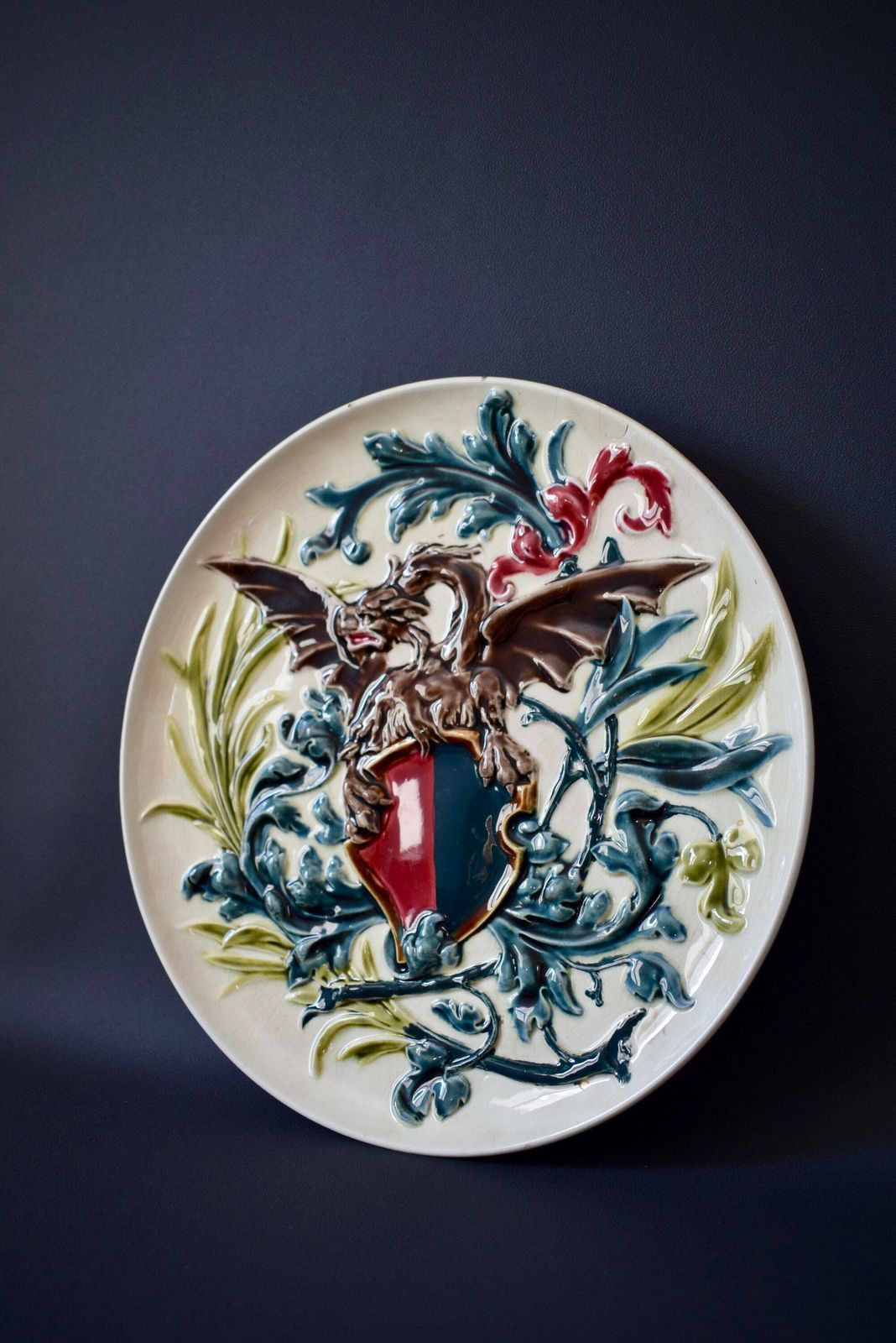 Antique Medieval Crest Coat Of Arms Majolica Wall Plate With Griffin photo vintage