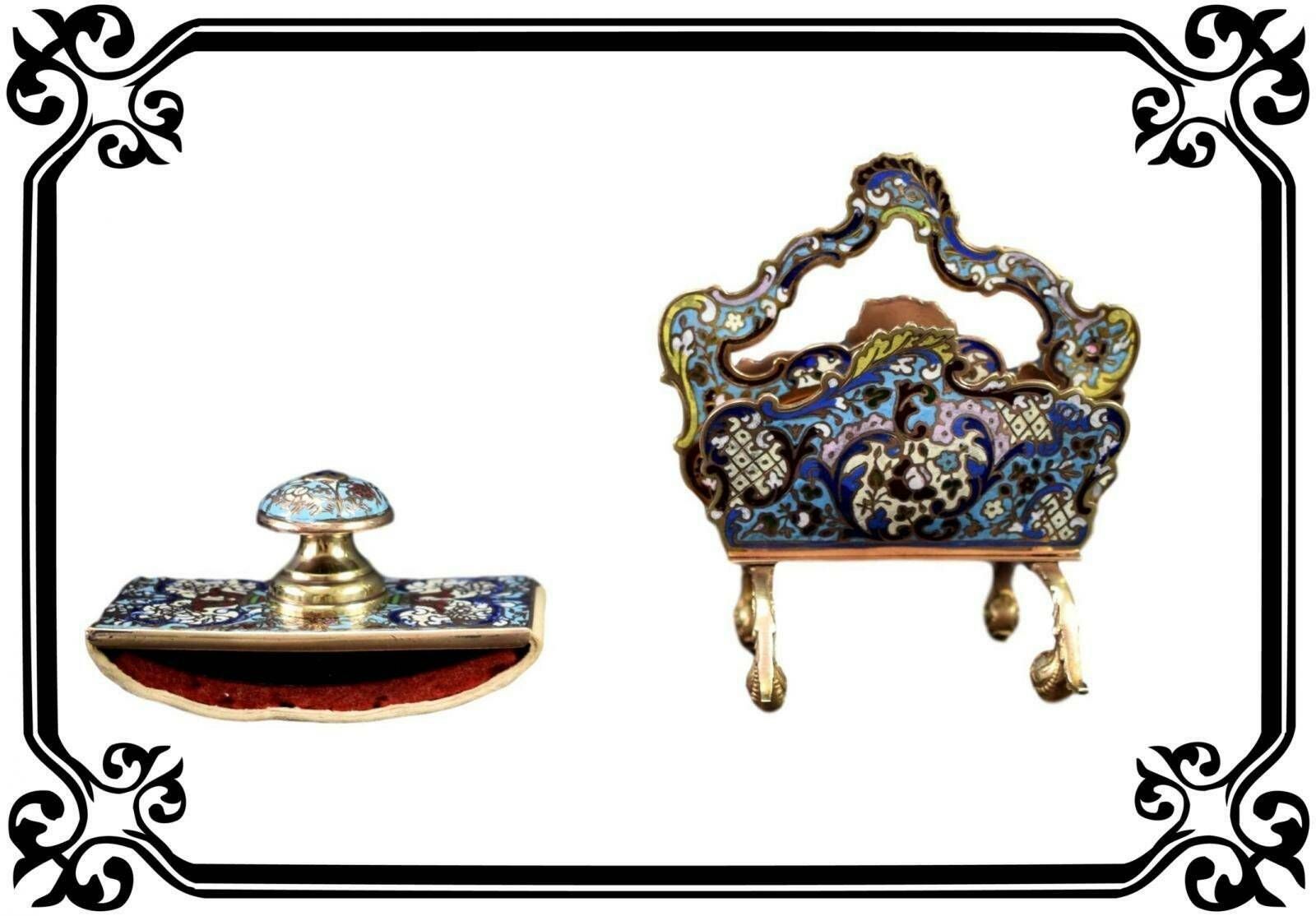 Antique French Enameled Cloisonne Bronze Letter Holder Blotter Holder