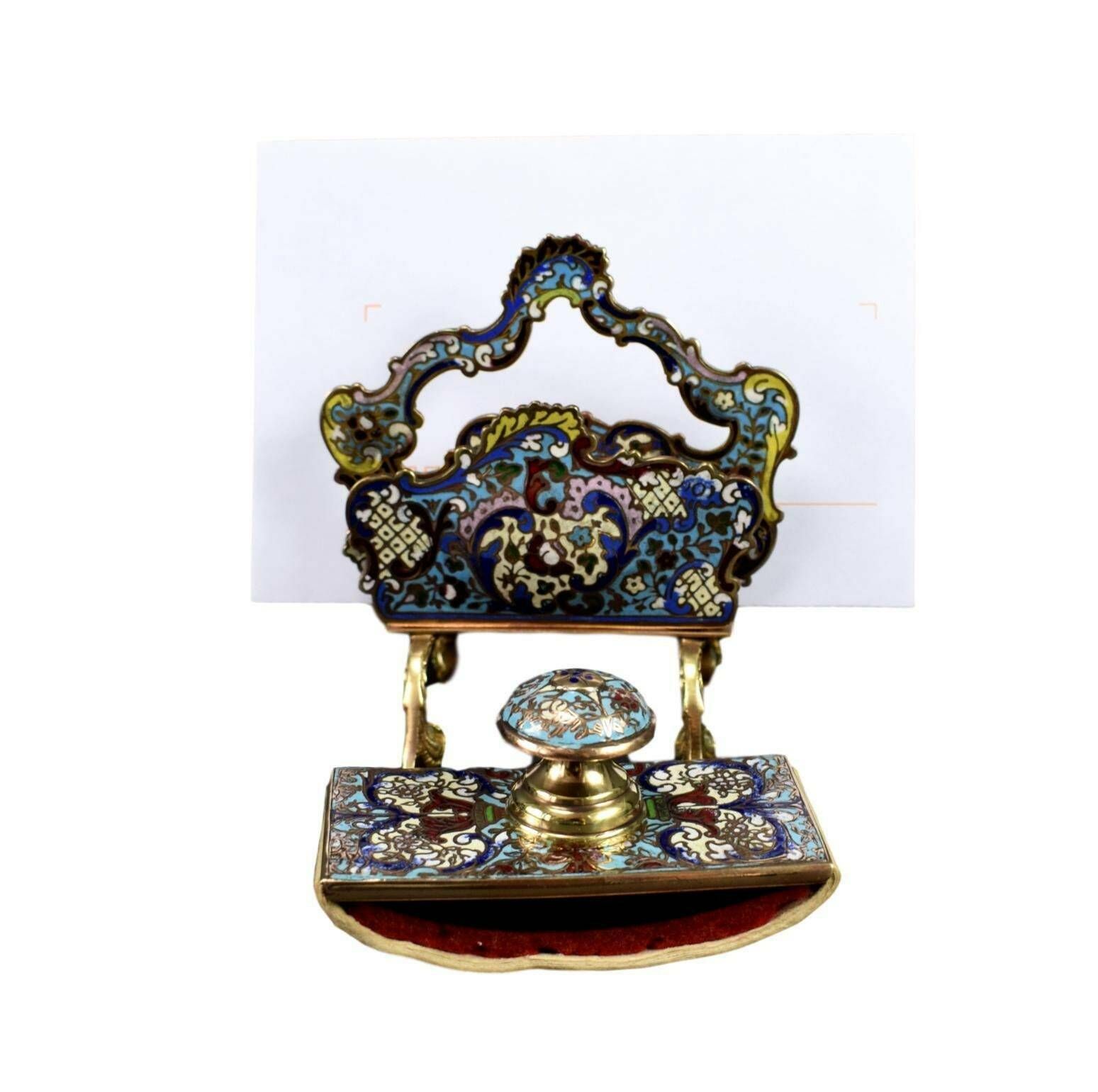Antique French Enameled Cloisonne Bronze Letter Holder Blotter Holder photo vintage