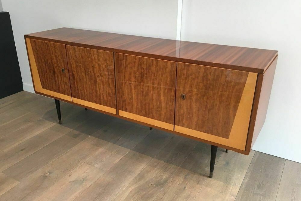 Designer Sideboard With 4 Doors In Sapelli Mahogany And Sycamore On A Blackened Wood Base