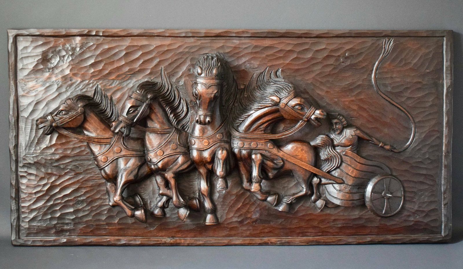 Antique French Large Hand Carved Wood Wall Panel Of Horses Chariot