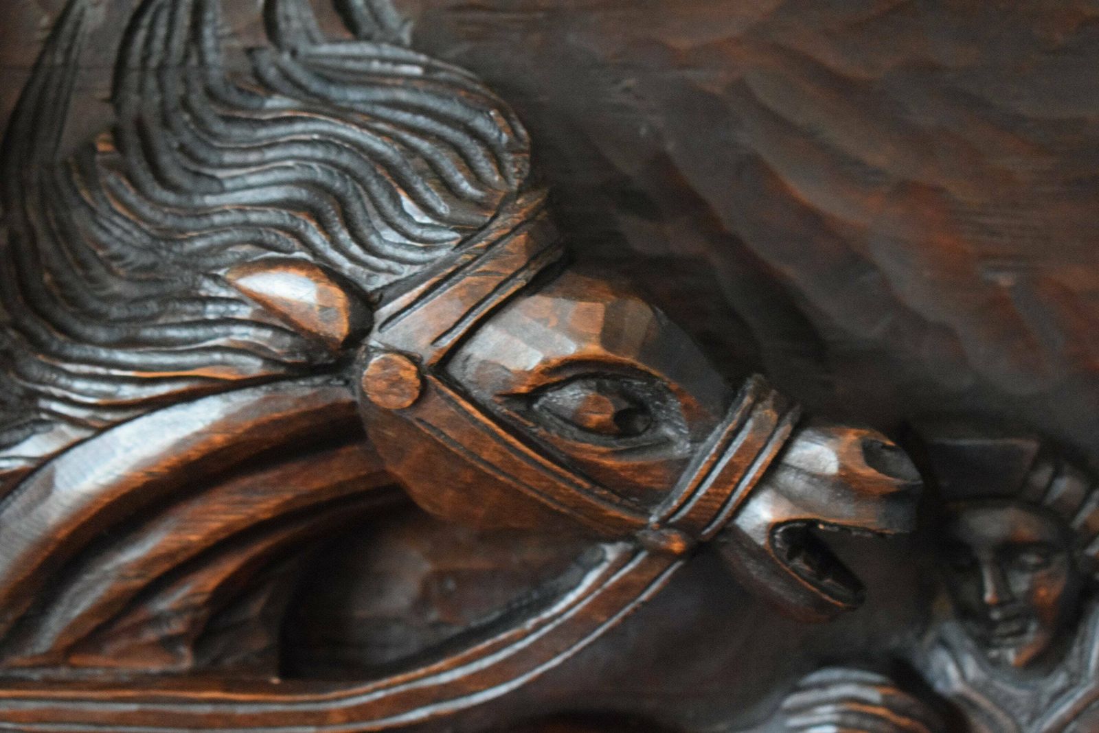 Antique French Large Hand Carved Wood Wall Panel Of Horses Chariot photo vintage