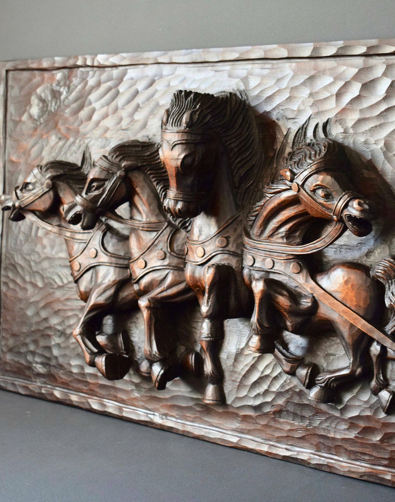 photo furniture Antique French Large Hand Carved Wood Wall Panel Of Horses Chariot