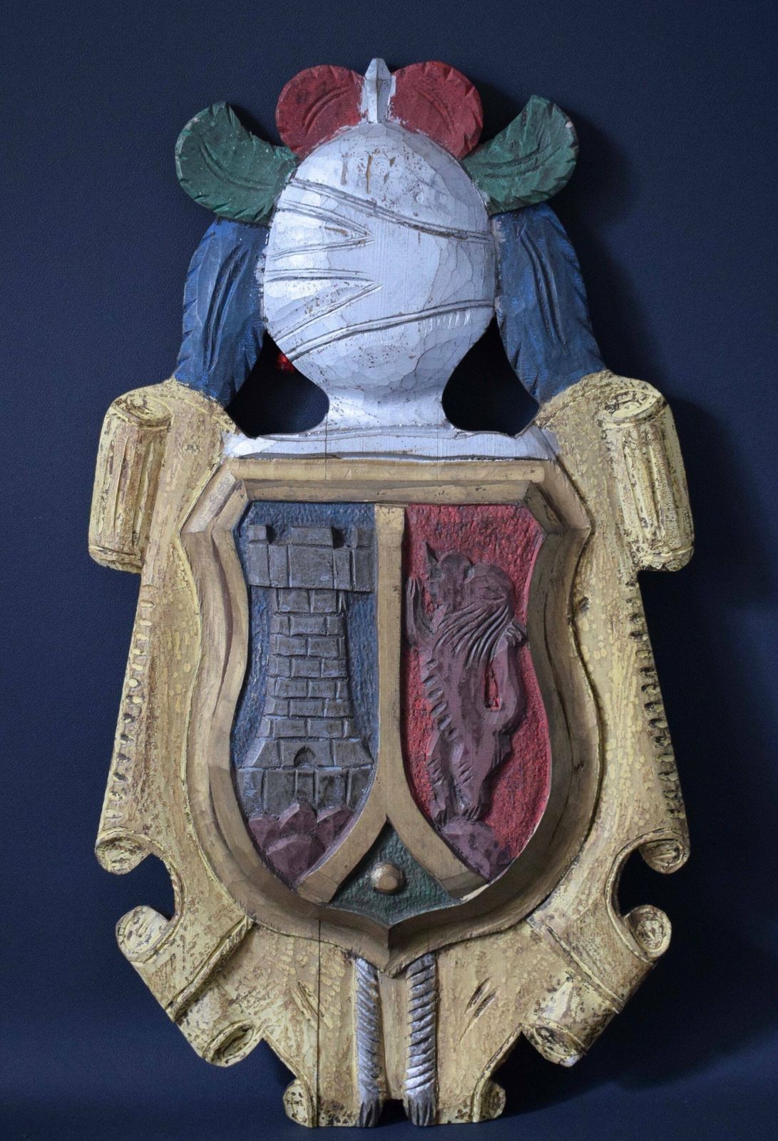 Antique Carved And Painted Wood Wall Coat Of Arms Crest